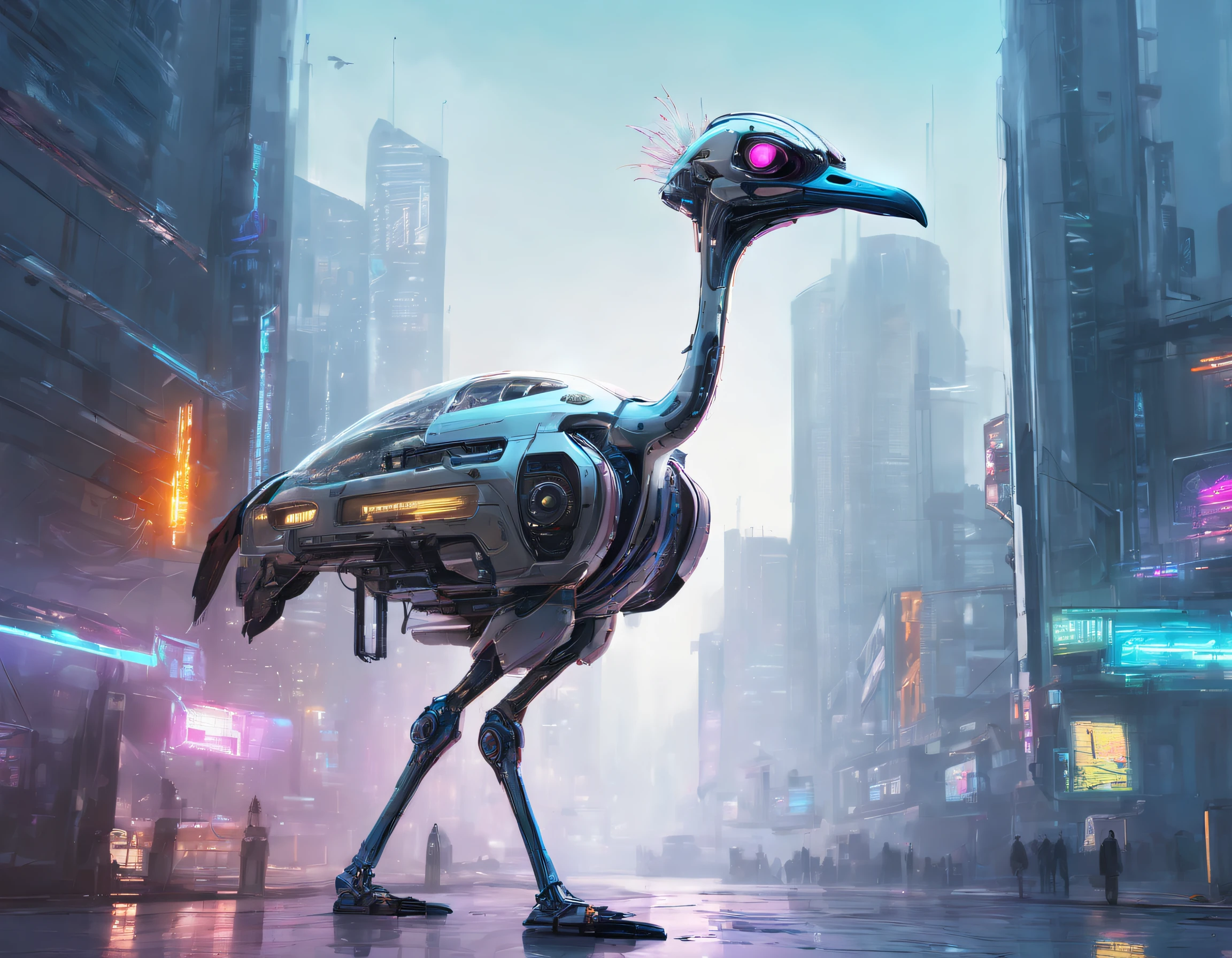 Translucent ethereal mechanical ostrich,Futuristic ostrich,Two-legged mechanical ostrich,futuristic urban background,Beautiful sci-fi art, Science-fi digital art illustration, Digital cyberpunk art, science fiction digital painting, futuristic digital painting, futuristic concept art, in front of a sci fi cityscape, science fiction digital art, Advanced digital cyberpunk art, Fantastic cyberpunk ostrich