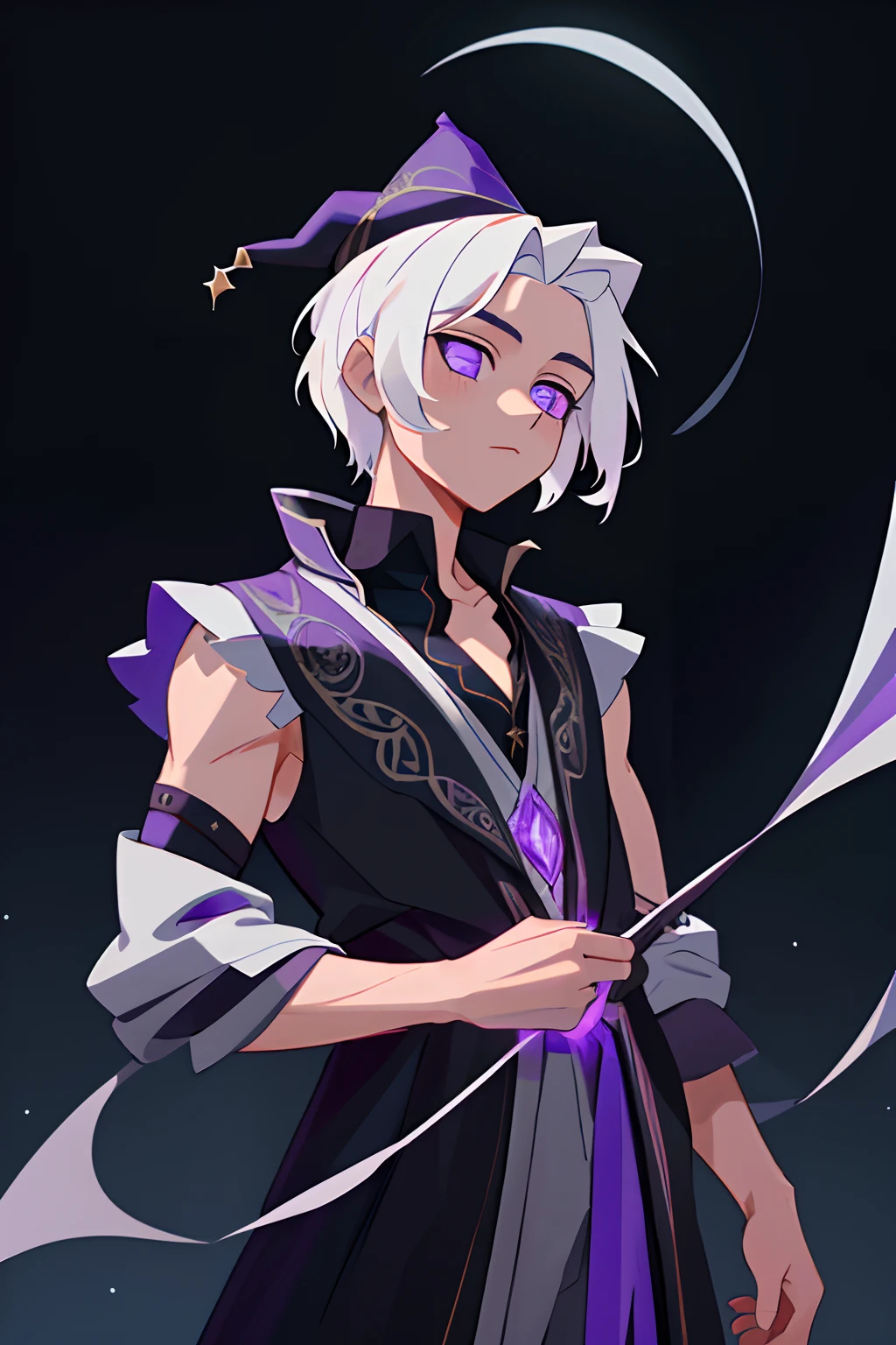 Create a 4K-style image masterpiece with intricate details. The character portrayed is a young man of 24 years old who has magical characteristics. He wears a wizard's costume that includes a classic wizard's hat and a black dress with ruffled details. The costume has thin straps and subtly reveals her collarbones. The character is thin and young, with white hair and purple eyes that glow with magic. His dress is dark, almost black, with intricate details, and he wears the outfit sleeveless. Please make the image highlight the beauty and mystery of the male character in a magical and captivating setting.