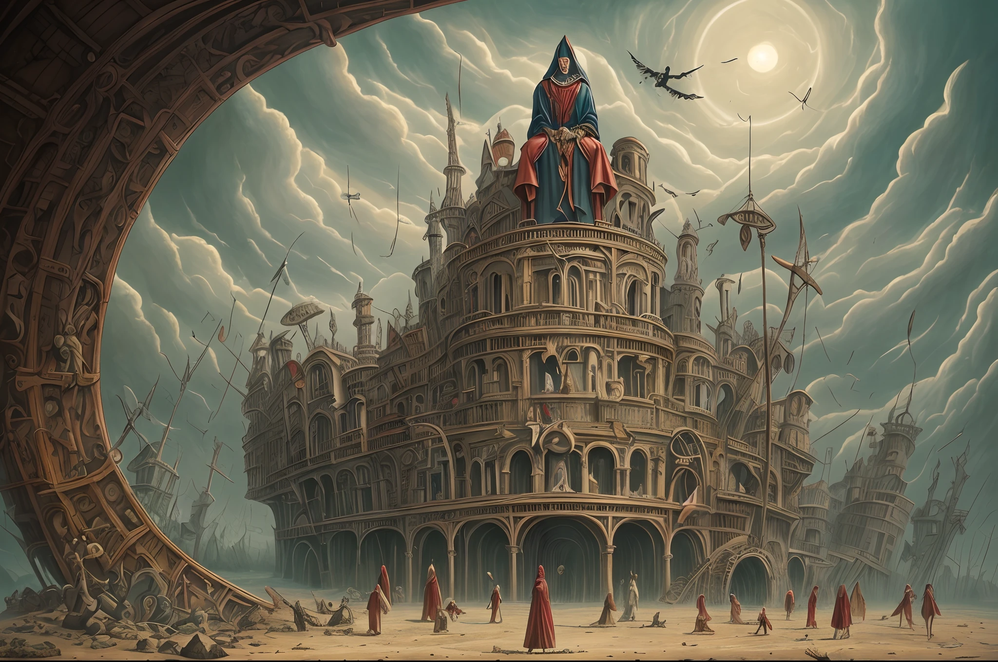 surreal steampunk horrible and scary Moses and the Red Sea,in the style of tim burton, john kenn mortensen and leonora carrington, bizzarre, wacky, mixed media, surrealism painting, a journey into my imagination, detailed, elegant, intricate, 4 k, scary painting , --auto --s2