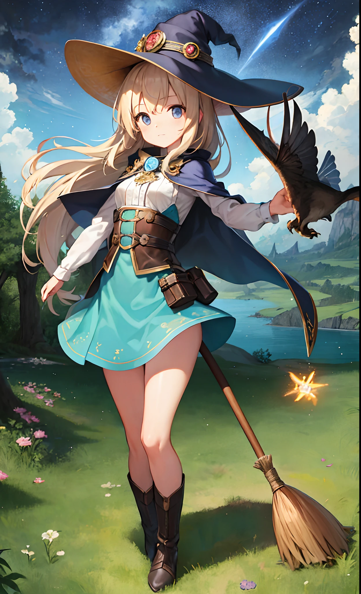 masterpiece, best quality, ultra-detailed, illustration, 1girl, solo, fantasy, flying, broom, night sky, outdoors, magic, spells, moon, stars, clouds, wind, hair, cape, hat, boots, broomstick, glowing, mysterious, enchanting, whimsical, playful, adventurous, freedom, wonder, imagination, determination, skill, speed, movement, energy, realism, naturalistic, figurative, representational, beauty, fantasy culture, mythology, fairy tales, folklore, legends, witches, wizards, magical creatures, fantasy worlds, composition, scale, foreground, middle ground, background, perspective, light, color, texture, detail, beauty, wonder.
