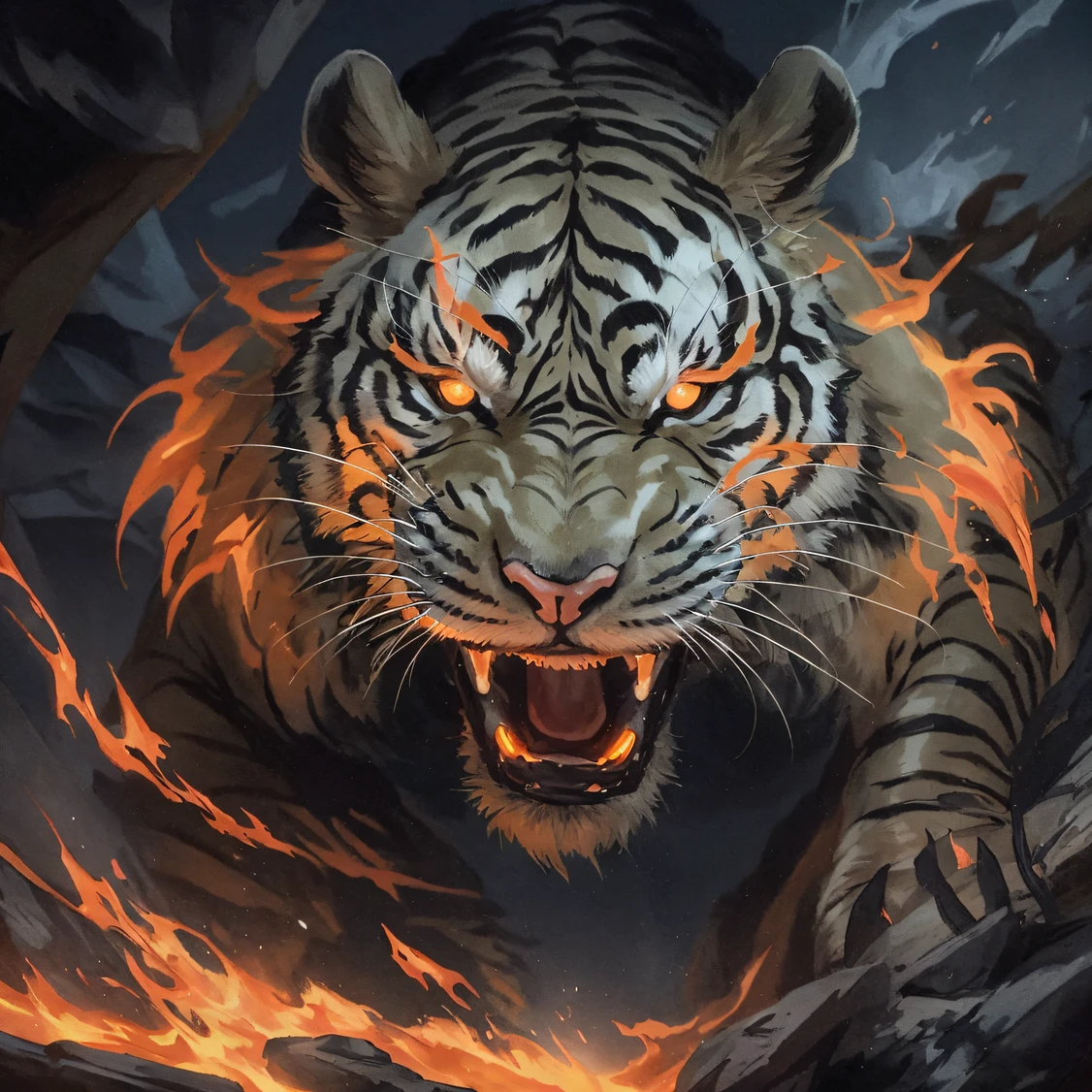 Night Tiger Demon 32K,Phoenix Immortal Demon Realm, Chance encounter with Liu Hanshu, He saw in him his former self, It was decided to take him as an apprentice, Teach him how to protect himself, But because of the Tibetan star map, Phoenix and the Liu family、The Jade Sword Sect establishes relationships, It opens with the death of Liu Hanshu, Qin Yu embarked on the road of confrontation with a strong enemy, Working hard, Make yourself stronger, Stick to your own core path of justice, (Tiger demon)eyes filled with angry,The monitor lizard clenched its fists,Rush up,Deliver a fatal blow to your opponent,full bodyesbian,Full body Night Tiger Demon Male Mage 32K(Masterpiece Canyon Ultra HD)Night Tiger Demon(canyons)Climb the streets, The scene of the explosion(canyons), (Night), The angry fighting stance of the Night Tiger Demon, looking at the ground, Batik linen bandana, Chinese python pattern long-sleeved garment, canyons(Abstract propylene splash:1.2), Dark clouds lightning background,Flour flies(realisticlying:1.4),Black color hair,Flour fluttering,rainbow background, A high resolution, the detail, RAW photogr, Sharp Re, Nikon D850 Film Stock Photo by Jefferies Lee 4 Kodak Portra 400 Camera F1.6 shots, Rich colors, ultra-realistic vivid textures, Dramatic lighting, Unreal Engine Art Station Trend, cinestir 800,Flowing black hair,(((Jungle Canyon)))The wounded lined up in the streets(vale)Climb the streets,Movie master real-time image quality(tmasterpiece,k hd,hyper HD,32K)Night Tiger Demon(Linen batik scarf), Combat posture, looking at the ground, Linen bandana, Chinese night tiger demon pattern long-sleeved clothing,Night Tiger Demon(Abstract gouache splash:1.2), Dark clouds lightning background,sprinkling