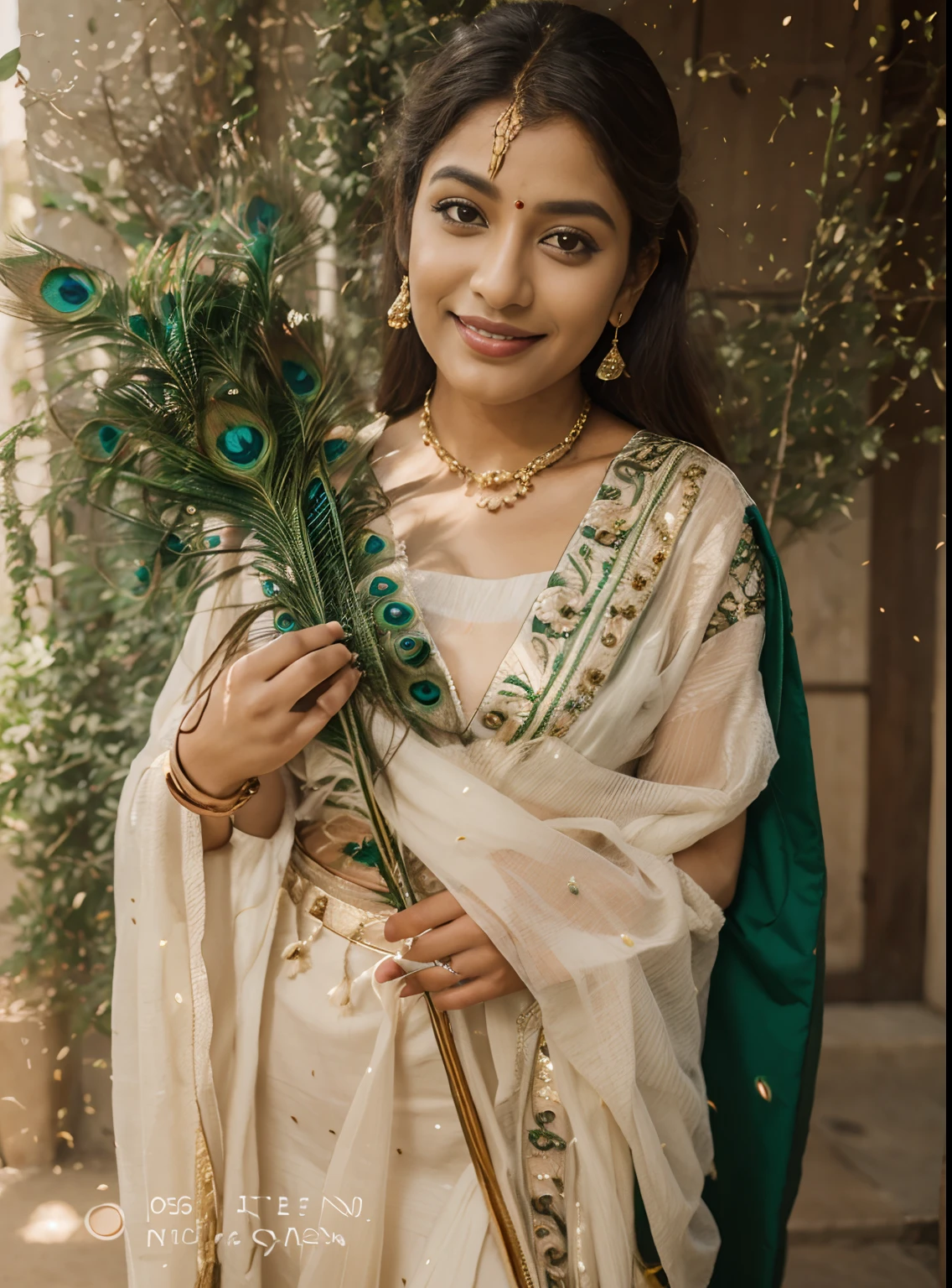 Indian queen realistic smile 8k ultra natural green nature background peacock feathers in hand