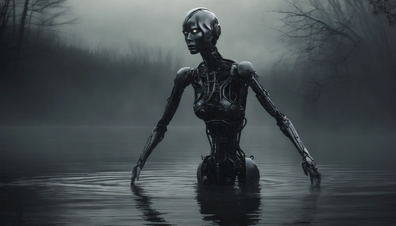 Female android posing for a photo in a river, robot woman, half body in the water, foggy marsh background, dark, creepy, ultra detailed, masterpiece.