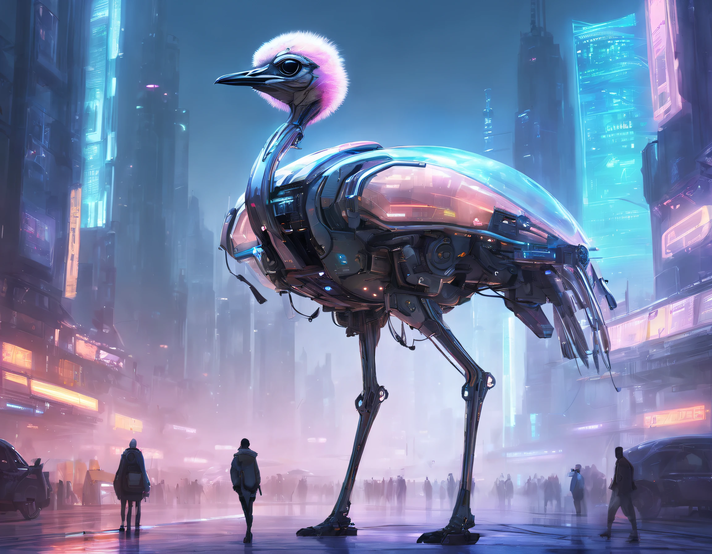 Translucent ethereal mechanical ostrich,Futuristic ostrich,futuristic urban background,Beautiful sci-fi art, Science-fi digital art illustration, Digital cyberpunk art, science fiction digital painting, futuristic digital painting, futuristic concept art, in front of a sci fi cityscape, science fiction digital art, Advanced digital cyberpunk art, Fantastic cyberpunk ostrich