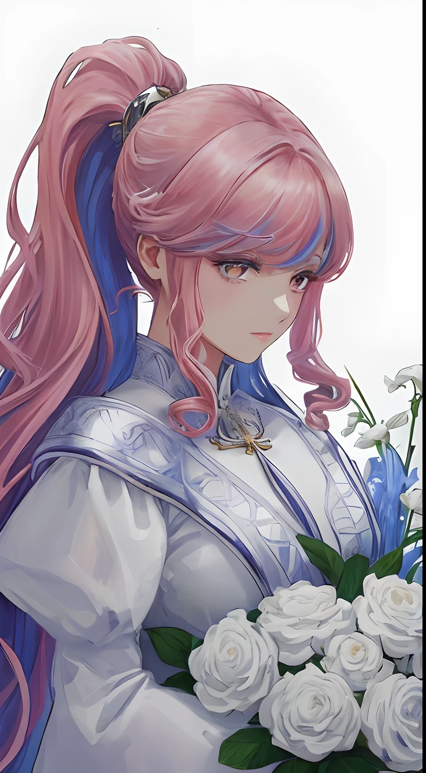 Woman in white dress standing in front of building with lots of flowers, anime fantasy artwork, anime fantasy illustration, beautiful illustration, beautiful anime artwork, elaborate digital art, intricate ornate anime cgi style, Anime Art Nouveau Space Display, beautiful anime art, Beautiful digital artwork, beautiful fantasy anime, detailed anime artwork, detailed digital anime art, dreamy psychedelic anime, ((tmasterpiece)), (((beste-Qualit))), ((ultradetailed)), ((illustartion)),[The light effect of realism], eye shadow,(fantasy style),(whitebackground:1.6), Simple background, illustartion, 1 girl, sly look, Majestic view (multi-colored hair, Hair gradient, Hair color from blue to peach, without bangs, curly curl on the cheek, hairstyle: high ponytail, long tail), The eyes are crimson-red, Environment change scene, (The hair is surrounded by the bursts of the galaxy),))):((Her hair turns into galactic clouds,:1.27628), The Moon in the Night, Stars, wide eyes, Lashes, side glance, Crystal hair, Glowing Hair, shirt with collar, galaxy, Additional lighting
