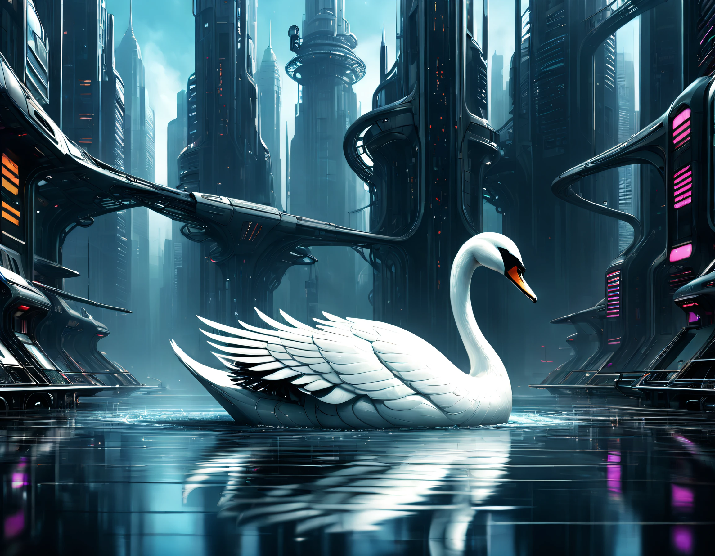 Metal mechanical swan in water，Futuristic metal swan，Mechanical swan swimming，The swan is made entirely of small metal parts，Detailed mechanical wing,Metal feathers,Precise and complex design,Ultra-fine texture,Shiny steel body,futuristic urban background，Beautiful sci-fi art, Science-fi digital art illustration, Digital cyberpunk art, science fiction digital painting, futuristic digital painting, futuristic concept art, in front of a sci fi cityscape, science fiction digital art, Advanced digital cyberpunk art, Fantastic cyberpunk swan