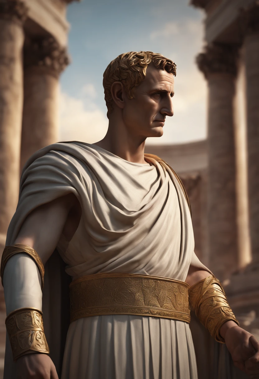 Create a realistic 3D representation of Julius Caesar looking straight at the camera, showcasing his imposing stature and determined expression. Be sure to capture the details of his Roman toga and insightful gaze. The scene should evoke the power and authority of the Roman Empire.