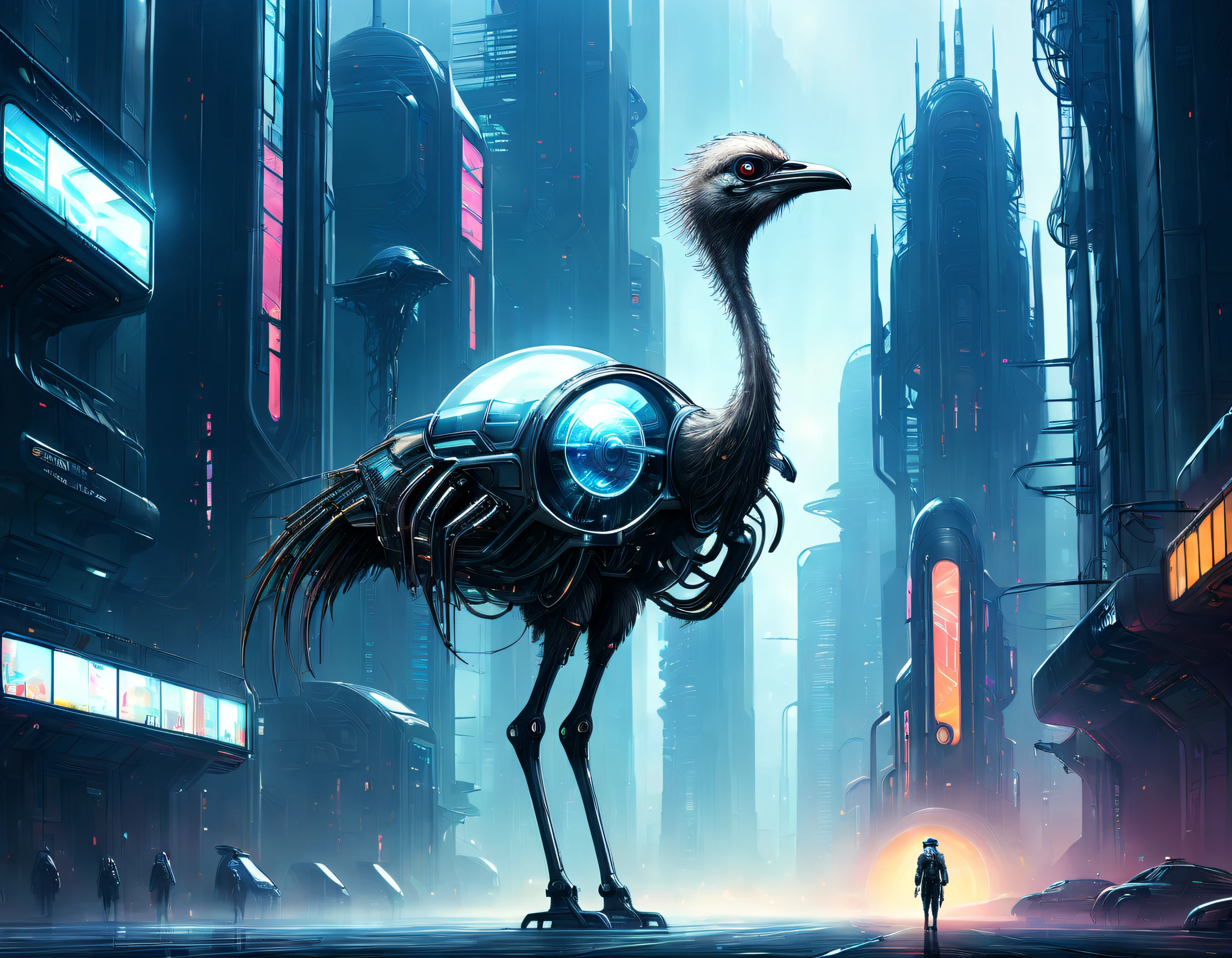 Translucent ethereal mechanical ostrich，Futuristic ostrich，futuristic urban background，Beautiful sci-fi art, Science-fi digital art illustration, Digital cyberpunk art, science fiction digital painting, futuristic digital painting, futuristic concept art, in front of a sci fi cityscape, science fiction digital art, Advanced digital cyberpunk art, Fantastic cyberpunk ostrich