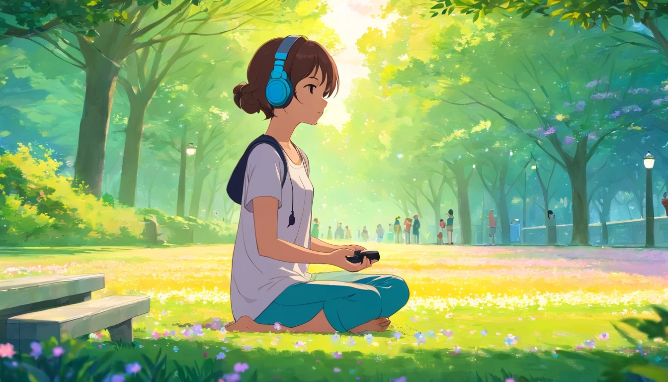 A girl doing meditation listening headphones in a park with lots of tiny flowers in the park