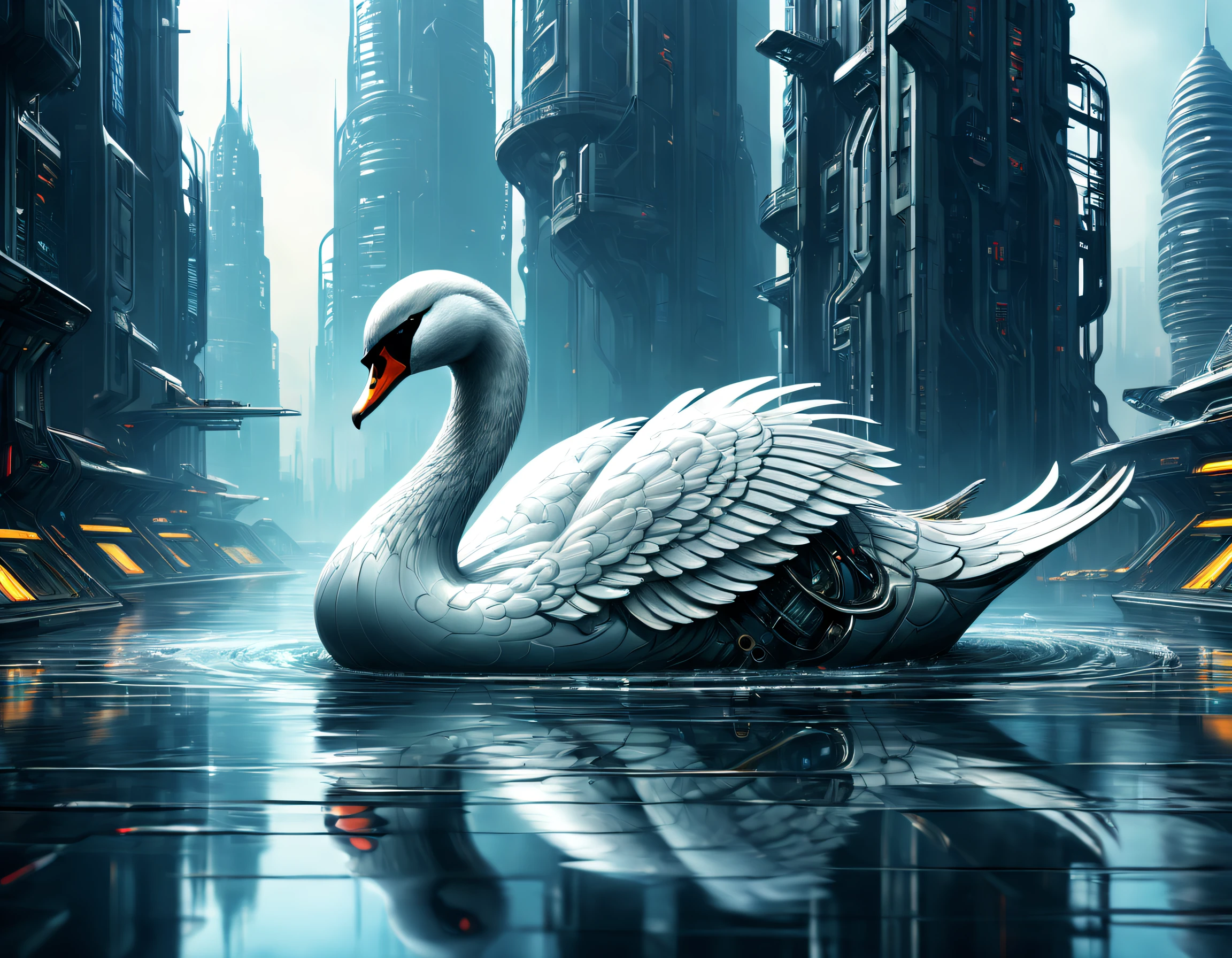 Metal mechanical swan in water，Futuristic metal swan，Mechanical swan swimming，The swan is made entirely of small metal parts，Detailed mechanical wing,Metal feathers,Precise and complex design,Ultra-fine texture,Shiny steel body,futuristic urban background，Beautiful sci-fi art, Science-fi digital art illustration, Digital cyberpunk art, science fiction digital painting, futuristic digital painting, futuristic concept art, in front of a sci fi cityscape, science fiction digital art, Advanced digital cyberpunk art, Fantastic cyberpunk swan