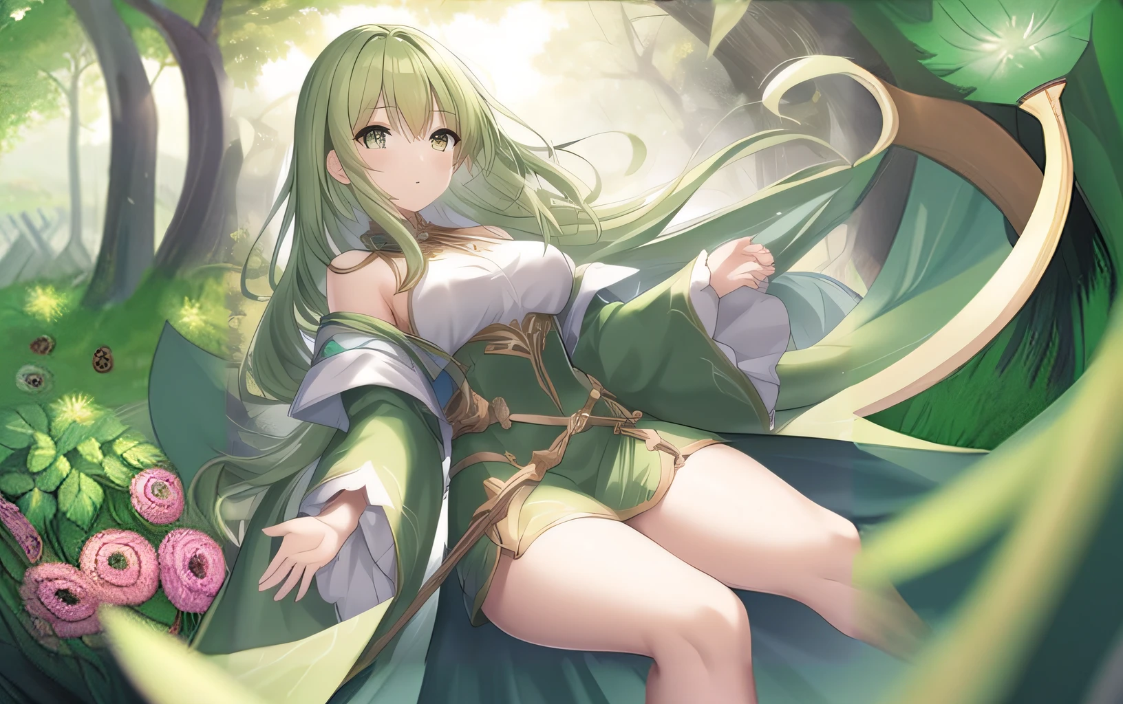 Masterpiece, best quality, very detailed, Ultra high resolution, (photorealistic:1.4), raw photos, (realistic:0.2), 1 girl, alone, long hair,,8k hdr, 1 girl,green hair, shy ,blushing,open mouth,cry, medium-large breast, bright eyes, , medium-small breasts,,(Mesh series) ,Spread your legs,have sex,Vaginal sex, dark forest