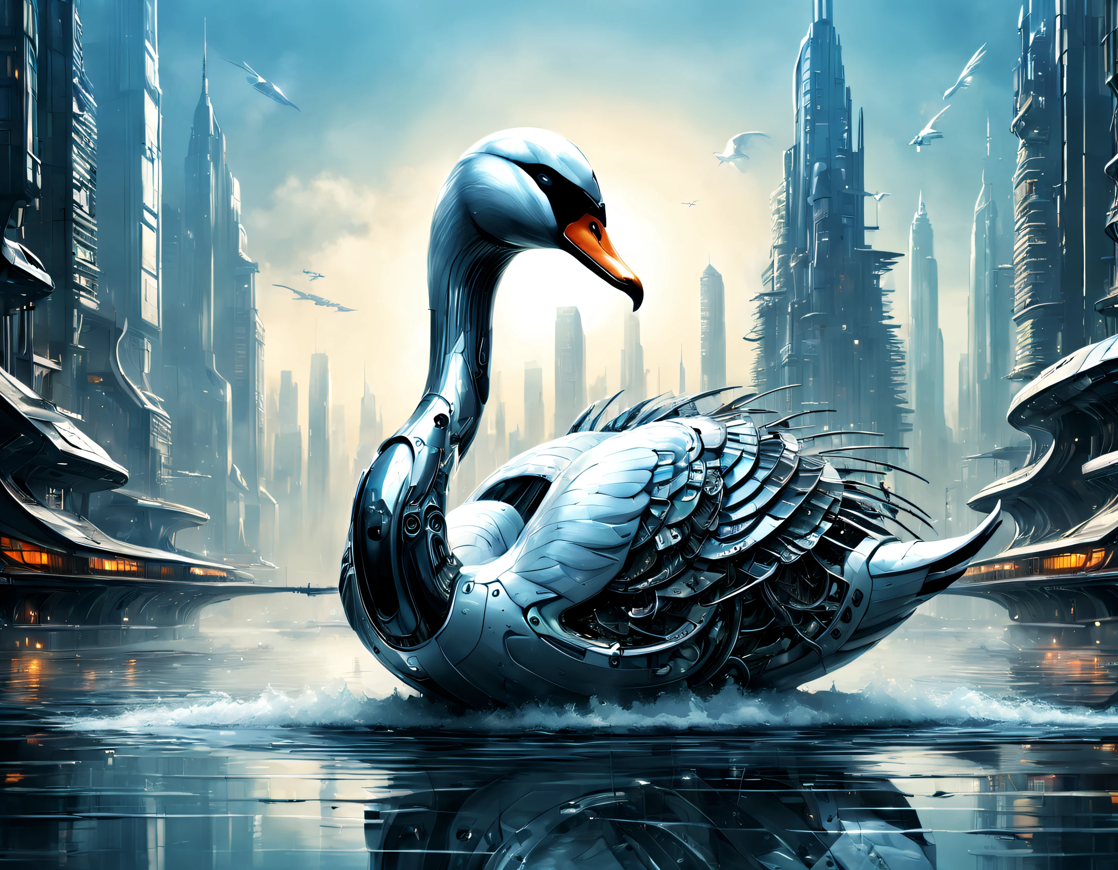 Metal mechanical swan in water,Futuristic metal swan,Mechanical swan swimming,The swan is made entirely of small metal parts,Detailed mechanical wing,Metal feathers,Precise and complex design,Ultra-fine texture,Shiny steel body,futuristic urban background,Beautiful sci-fi art, Science-fi digital art illustration, Digital cyberpunk art, science fiction digital painting, futuristic digital painting, futuristic concept art, in front of a sci fi cityscape, science fiction digital art, Advanced digital cyberpunk art, Fantastic cyberpunk swan