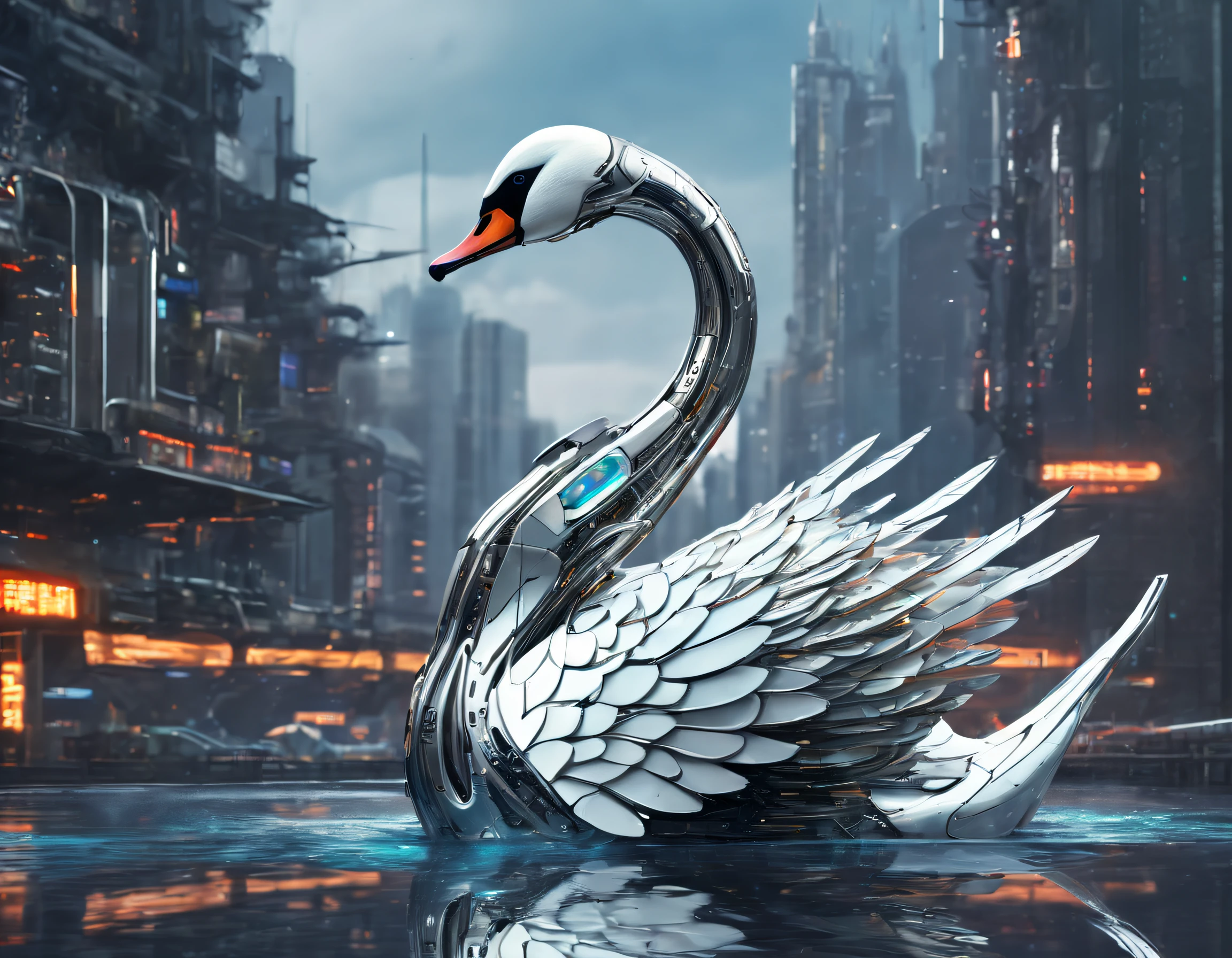 Metal mechanical swan in water,Futuristic metal swan,Mechanical swan swimming,The swan is made entirely of small metal parts,Detailed mechanical wing,Metal feathers,Precise and complex design,Ultra-fine texture,Shiny steel body,futuristic urban background,Beautiful sci-fi art, Science-fi digital art illustration, Digital cyberpunk art, science fiction digital painting, futuristic digital painting, futuristic concept art, in front of a sci fi cityscape, science fiction digital art, Advanced digital cyberpunk art, Fantastic cyberpunk swan