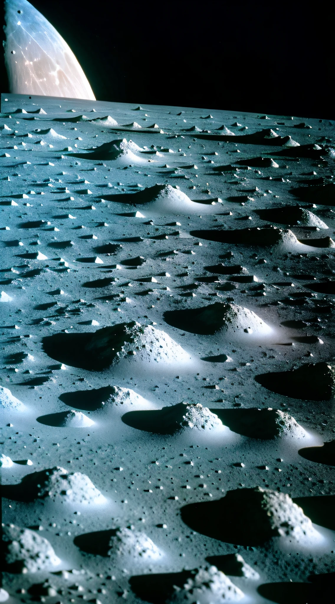 "Explore the mysterious and haunting landscape of the dark side of the Moon, captured in stunning detail by Apollo 16's 1972 photograph."