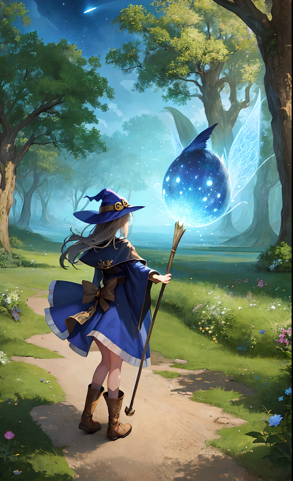 masterpiece, best quality, ultra-detailed, illustration, 1girl, solo, fantasy, flying, broom, night sky, outdoors, magic, spells, moon, stars, clouds, wind, hair, cape, hat, boots, broomstick, glowing, mysterious, enchanting, whimsical, playful, adventurous, freedom, wonder, imagination, determination, skill, speed, movement, energy, realism, naturalistic, figurative, representational, beauty, fantasy culture, mythology, fairy tales, folklore, legends, witches, wizards, magical creatures, fantasy worlds, composition, scale, foreground, middle ground, background, perspective, light, color, texture, detail, beauty, wonder.