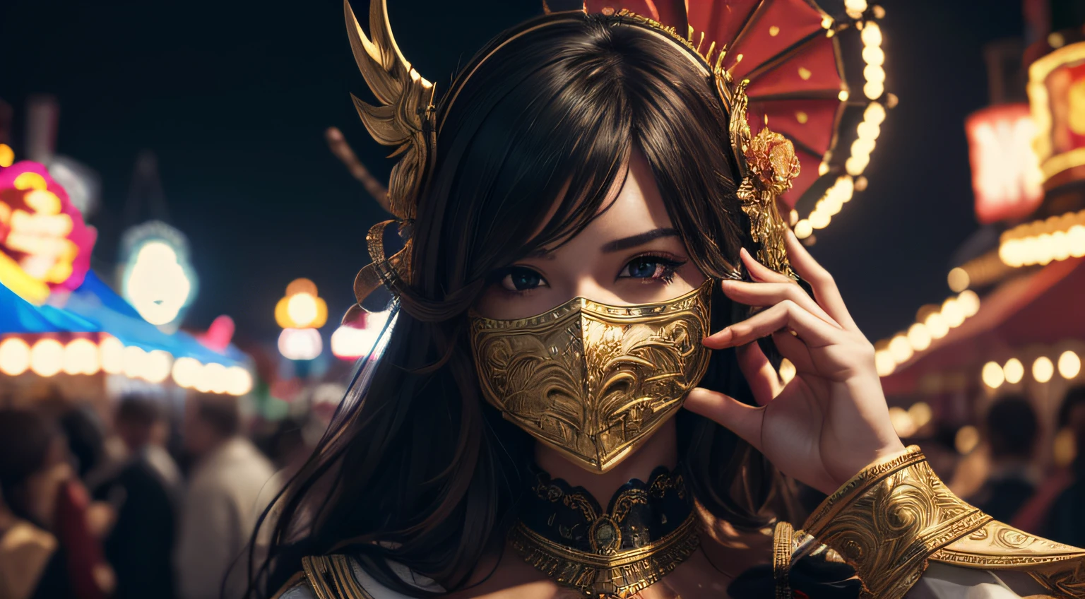 (4k), (masterpiece), (best quality),(extremely intricate), (realistic), (sharp focus), (cinematic lighting), (extremely detailed), An image of a person wearing a carnival mask covering their entire face