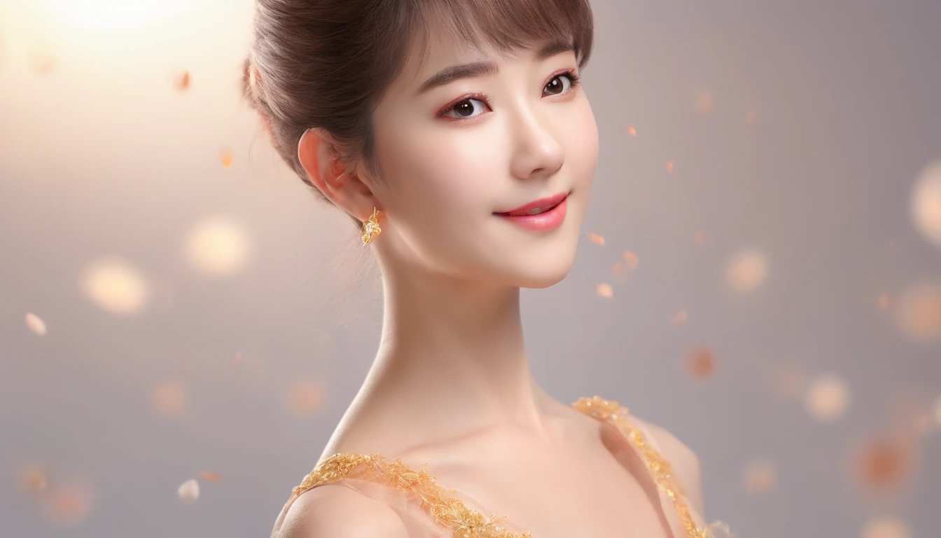 Fashion model photography, ballet dress, strong sense of design, medium shot, korean girl, short hair, hair accessories, delicate skin, smile, simple background, high texture, glare backlight, professional studio lighting