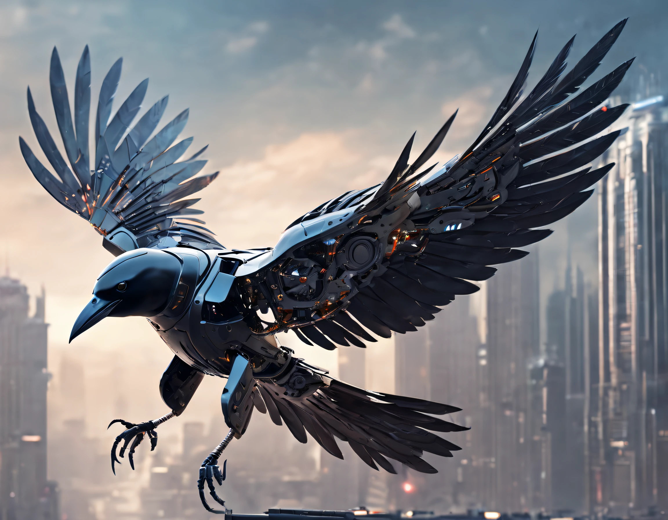 Flying metal mechanical crow,Futuristic metal crow,Mechanical crow,The crow is made entirely of small metal parts,Detailed mechanical wing,Metal feathers,Precise and complex design,Ultra-fine texture,Shiny steel body,futuristic urban background,Beautiful sci-fi art, Science-fi digital art illustration, Digital cyberpunk art, science fiction digital painting, futuristic digital painting, futuristic concept art, in front of a sci fi cityscape, science fiction digital art, Advanced digital cyberpunk art, Fantastic cyberpunk crow