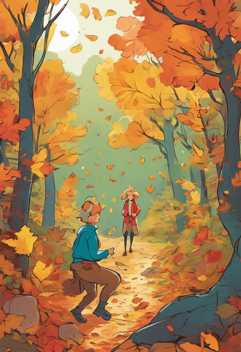 As they explore the forest near the park, imaginez Lisa et Tom marchant main dans la main, leurs pieds craquant sur les feuilles mortes. The sun breaks through the leaves of the trees, creating patches of light that dance on the forest floor. Les deux amis se baissent pour observer un groupe d'insectes curieux, with vibrant colours, qui se faufilent le long d'un tronc d'arbre. They pick up autumn-hued leaves and smooth, colorful pebbles, creating a natural treasure in their hands.