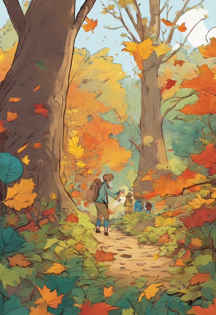 As they explore the forest near the park, imaginez Lisa et Tom marchant main dans la main, leurs pieds craquant sur les feuilles mortes. The sun breaks through the leaves of the trees, creating patches of light that dance on the forest floor. Les deux amis se baissent pour observer un groupe d'insectes curieux, with vibrant colours, qui se faufilent le long d'un tronc d'arbre. They pick up autumn-hued leaves and smooth, colorful pebbles, creating a natural treasure in their hands.