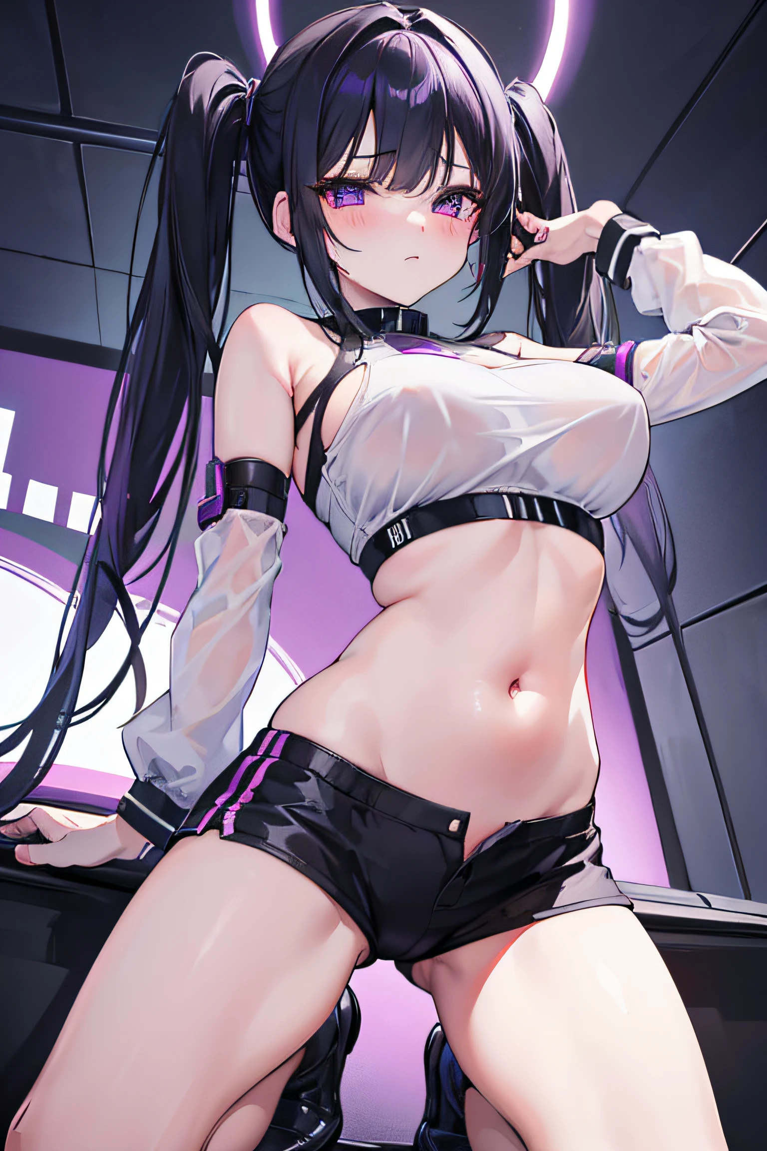 1girl, high res, ultrasharp, 8K, masterpiece, black haired, twintails, purple eyes, sci-fi, tight, sexy, spreading legs, lifting leg, wet, not wearing underwear, blushing, seductive, low angle, kneel, belly button, thight short pants