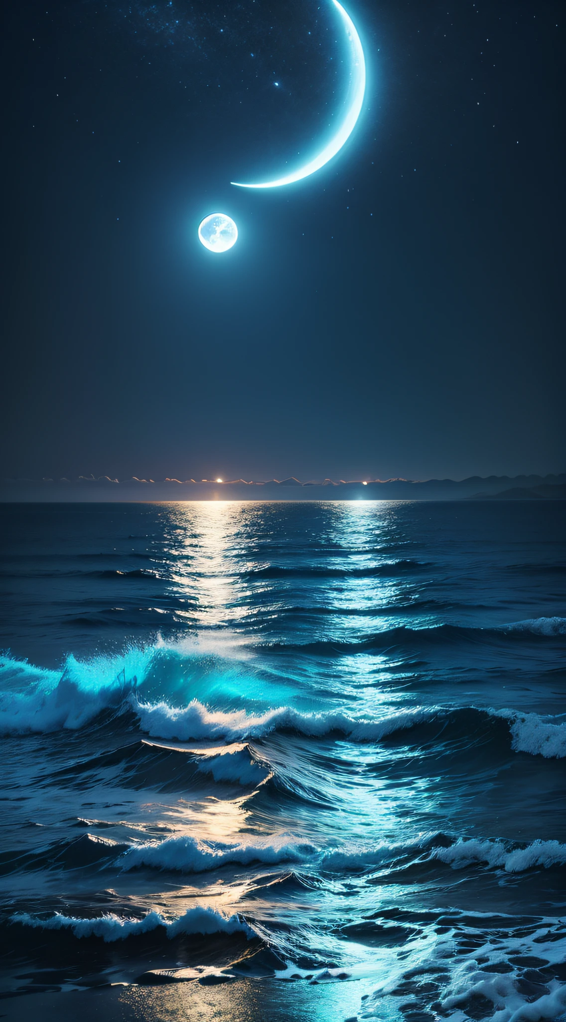 Neon blue sea with moon and night sky, ultra realist