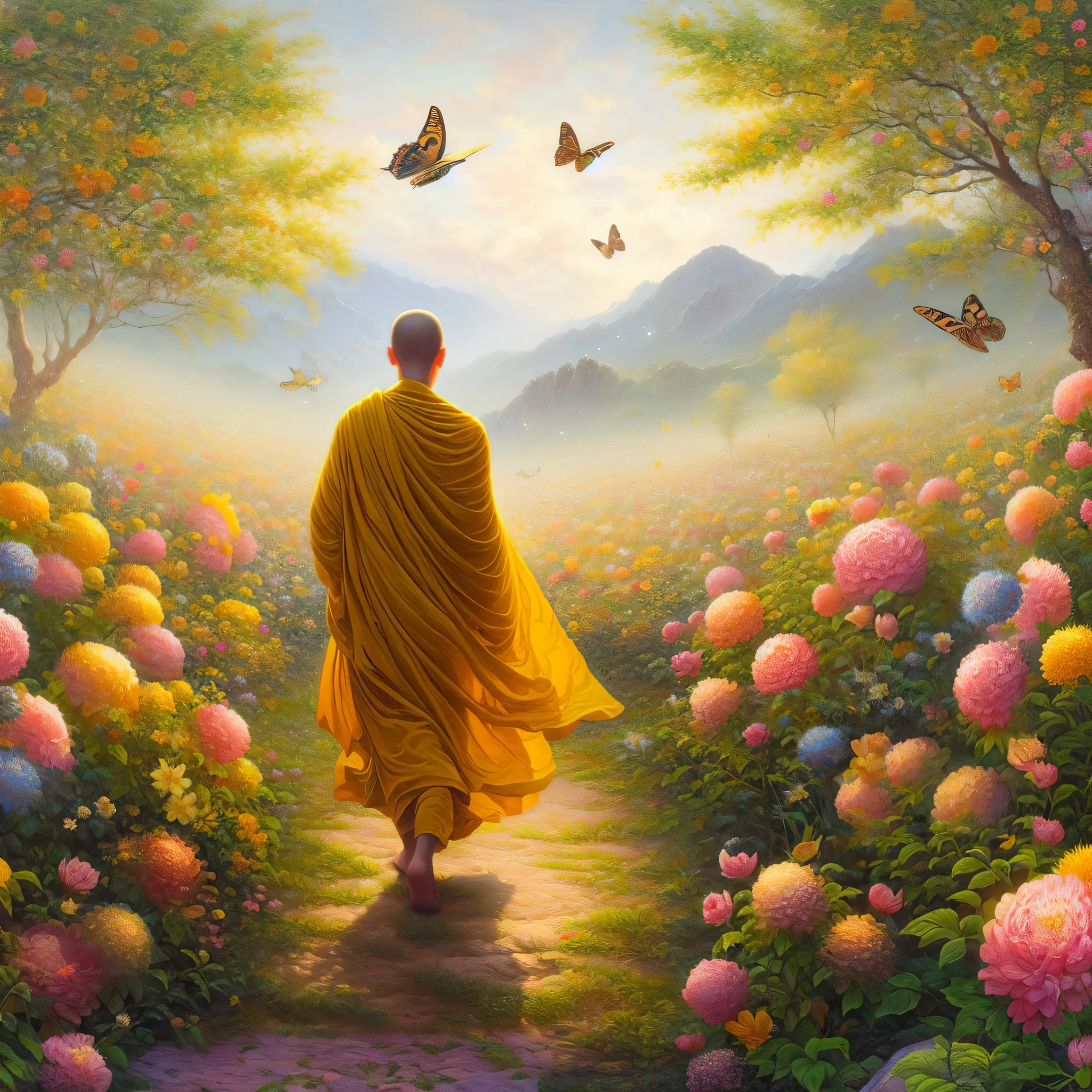 arafed image of a monk walking through a garden of flowers, on path to enlightenment, on the path to enlightenment, blossoming path to heaven, buddhist, buddhism, monk meditate, buddhist monk, spiritual enlightenment, by Shen Che-Tsai, monk, a goddess in a field of flowers, enlightenment, harmony of nature, buddha, beautiful depiction