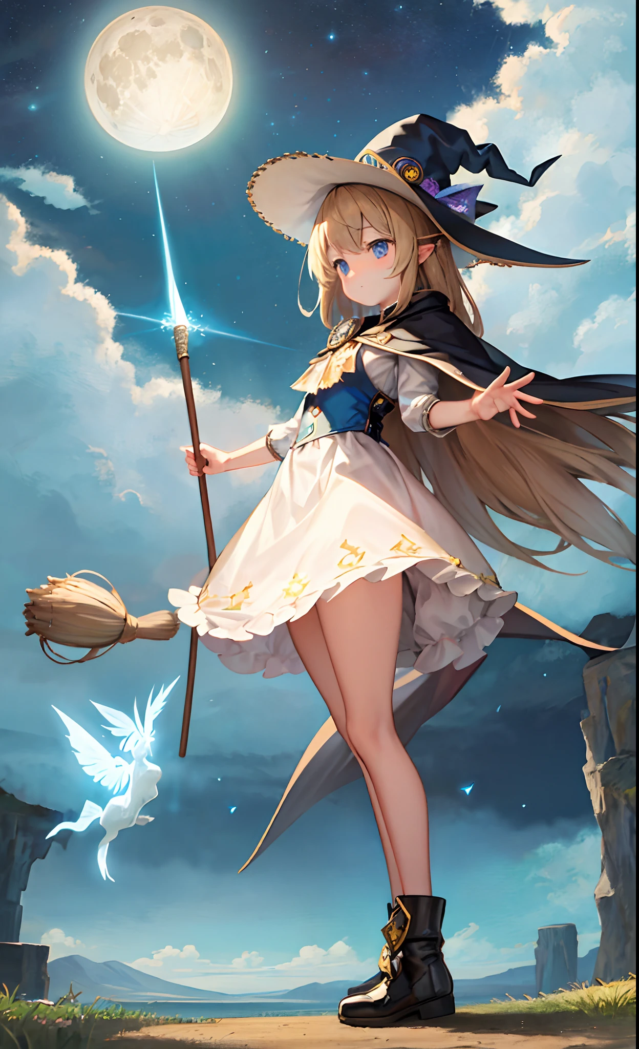 masterpiece, best quality, ultra-detailed, illustration, 1girl, solo, fantasy, flying, broom, night sky, outdoors, magic, spells, moon, stars, clouds, wind, hair, cape, hat, boots, broomstick, glowing, mysterious, enchanting, whimsical, playful, adventurous, freedom, wonder, imagination, determination, skill, speed, movement, energy, realism, naturalistic, figurative, representational, beauty, fantasy culture, mythology, fairy tales, folklore, legends, witches, wizards, magical creatures, fantasy worlds, composition, scale, foreground, middle ground, background, perspective, light, color, texture, detail, beauty, wonder.