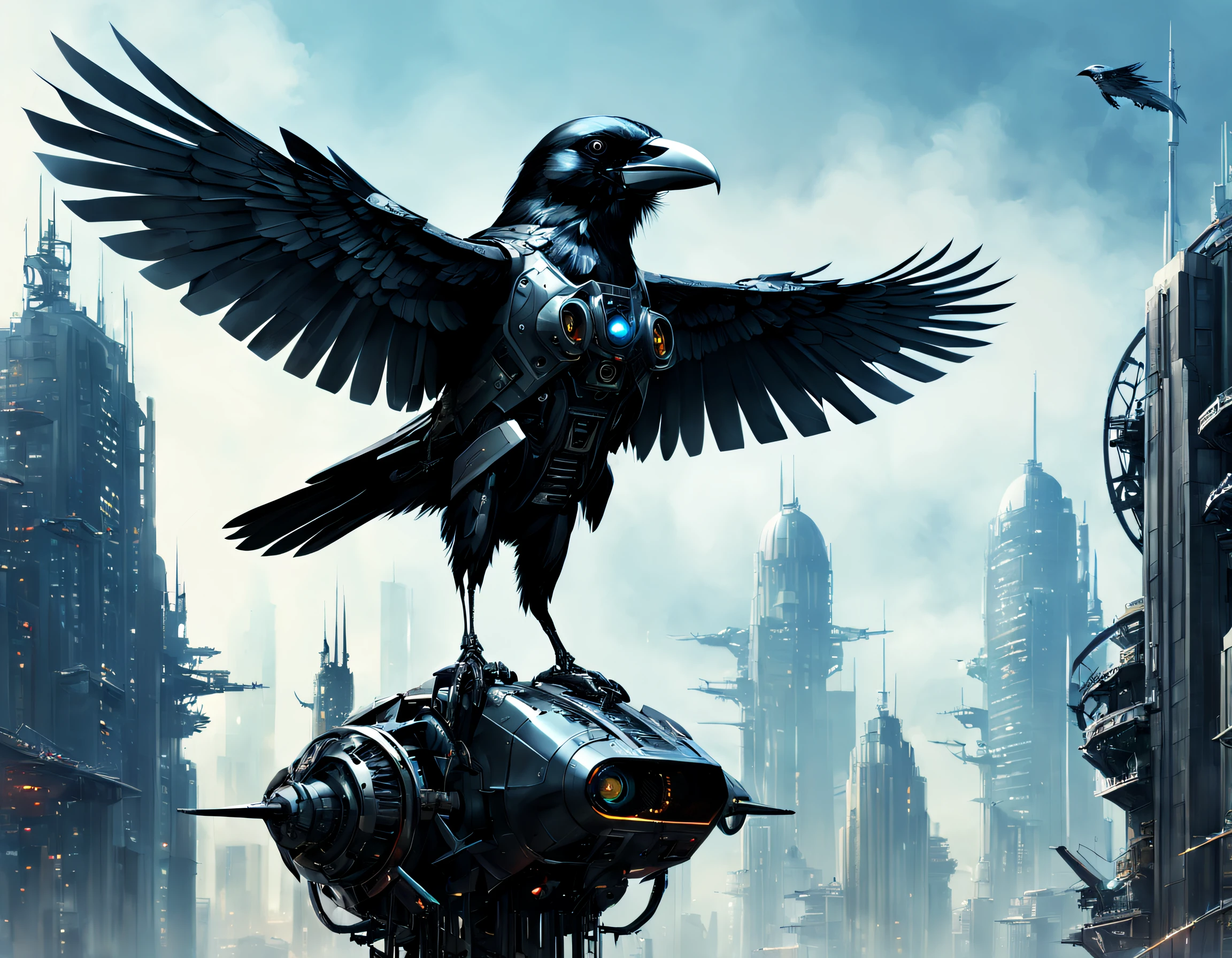Flying metal mechanical crow，Futuristic metal crow，Mechanical crow，The crow is made entirely of small metal parts，Detailed mechanical wing,Metal feathers,Precise and complex design,Ultra-fine texture,Shiny steel body,futuristic urban background，Beautiful sci-fi art, Science-fi digital art illustration, Digital cyberpunk art, science fiction digital painting, futuristic digital painting, futuristic concept art, in front of a sci fi cityscape, science fiction digital art, Advanced digital cyberpunk art, Fantastic cyberpunk crow