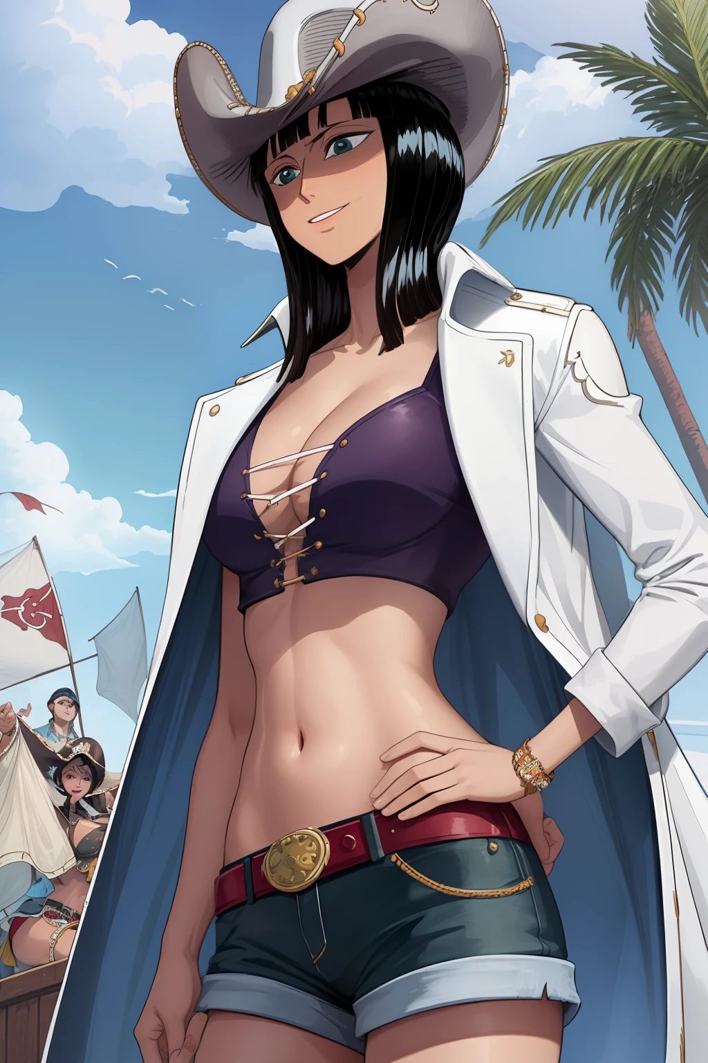 (masterpiece),best quality,Amazing,finely detail.Depth of field,beautiful detailed eyes,1girl,nico robin,cowboy shot,mature female,light smile,medium hair,large breasts,hat,white coat,short shorts ,  belt,midriff, pirate ship