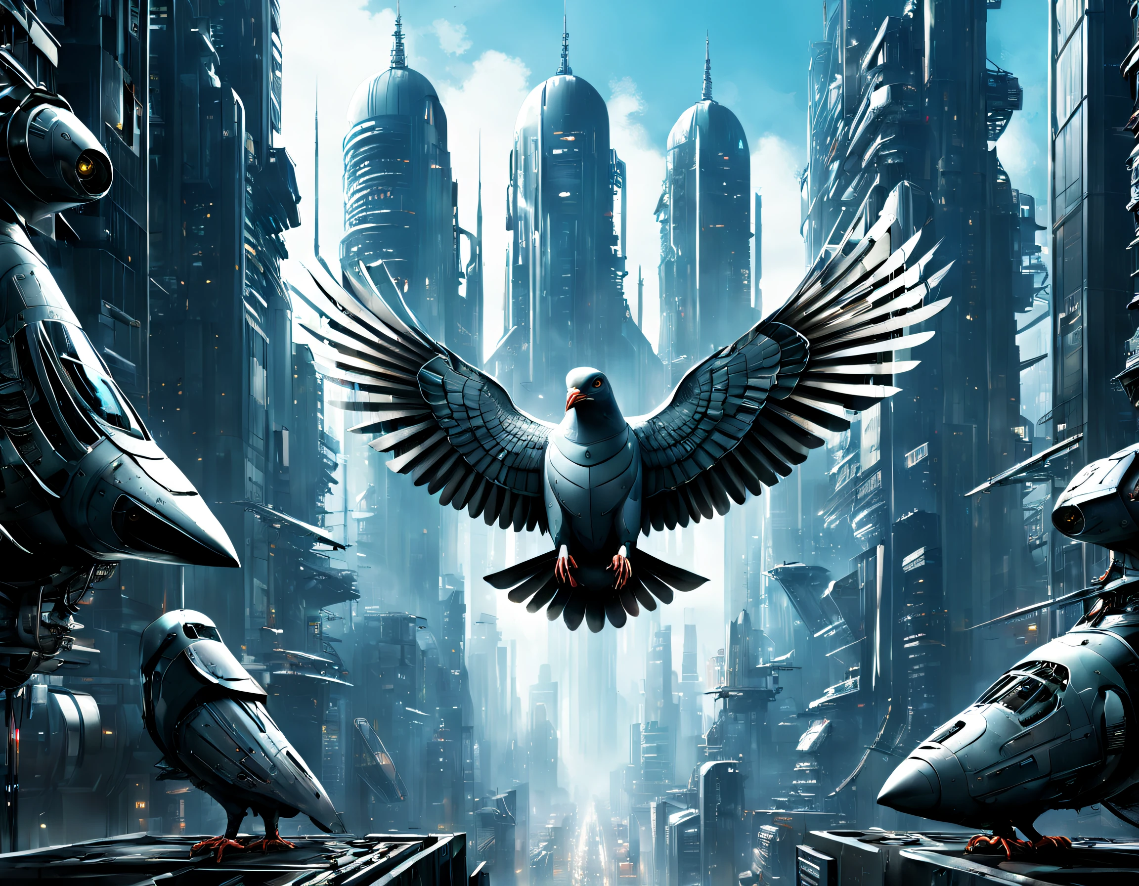 Flying metal mechanical pigeons,Futuristic metal pigeons,Mechanical pigeons,Pigeons are made entirely of small metal parts,Detailed mechanical wing,Metal feathers,Precise and complex design,Ultra-fine texture,Shiny steel body,futuristic urban background,Beautiful sci-fi art, Science-fi digital art illustration, Digital cyberpunk art, science fiction digital painting, futuristic digital painting, futuristic concept art, in front of a sci fi cityscape, science fiction digital art, Advanced digital cyberpunk art, Fantastic cyberpunk pigeons