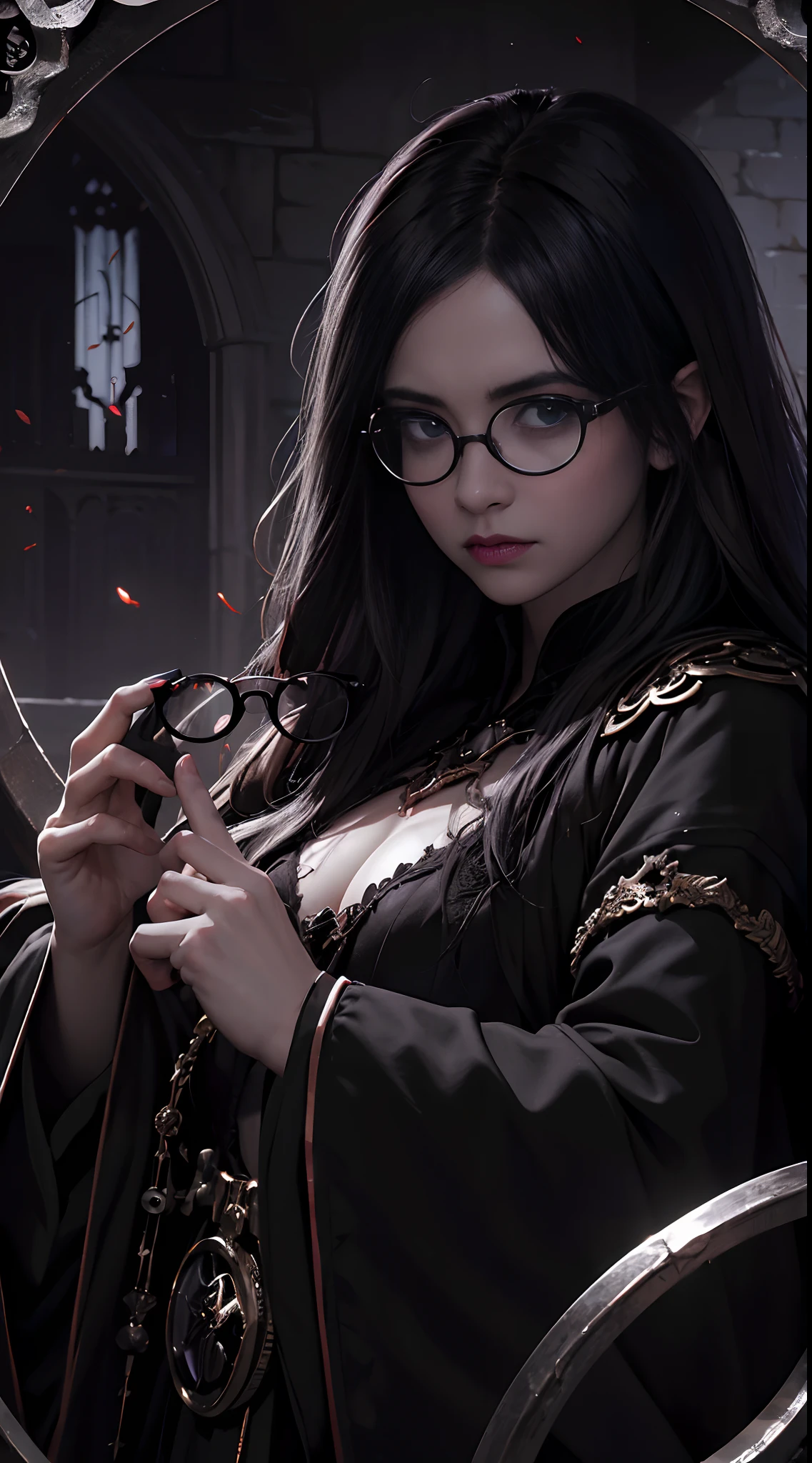 femele, Thorough, Horror , Lord of Darkness , ikun ,Dungeon and Dragons, Dungeon,high details, 、((((black-rimmed round glasses))))、Old robes, Dark Necromancer, detailliert, High Details, Old robes, Powerful person々, Dungeon, darkness, Bloods