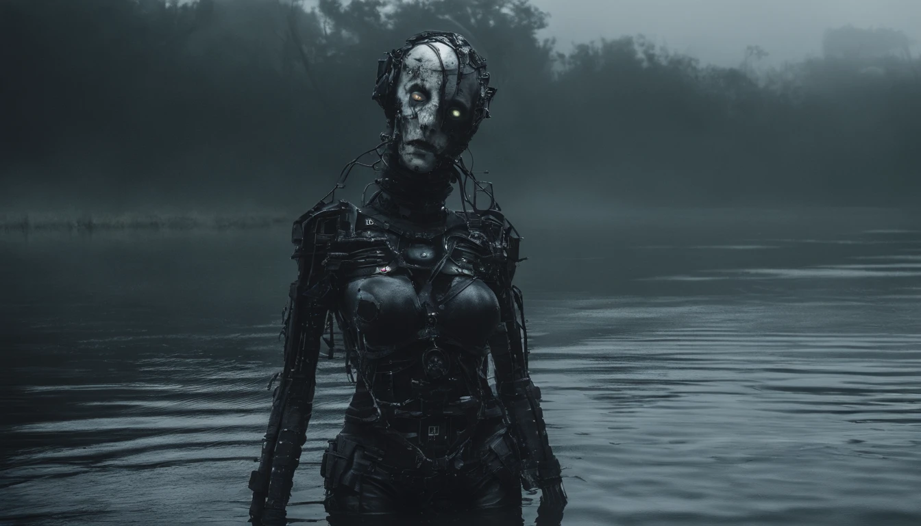 cyberpunk woman posing for a photo in a river, robot parts, half body in the water, foggy marsh background, dark, creepy, ultra detailed, masterpiece.