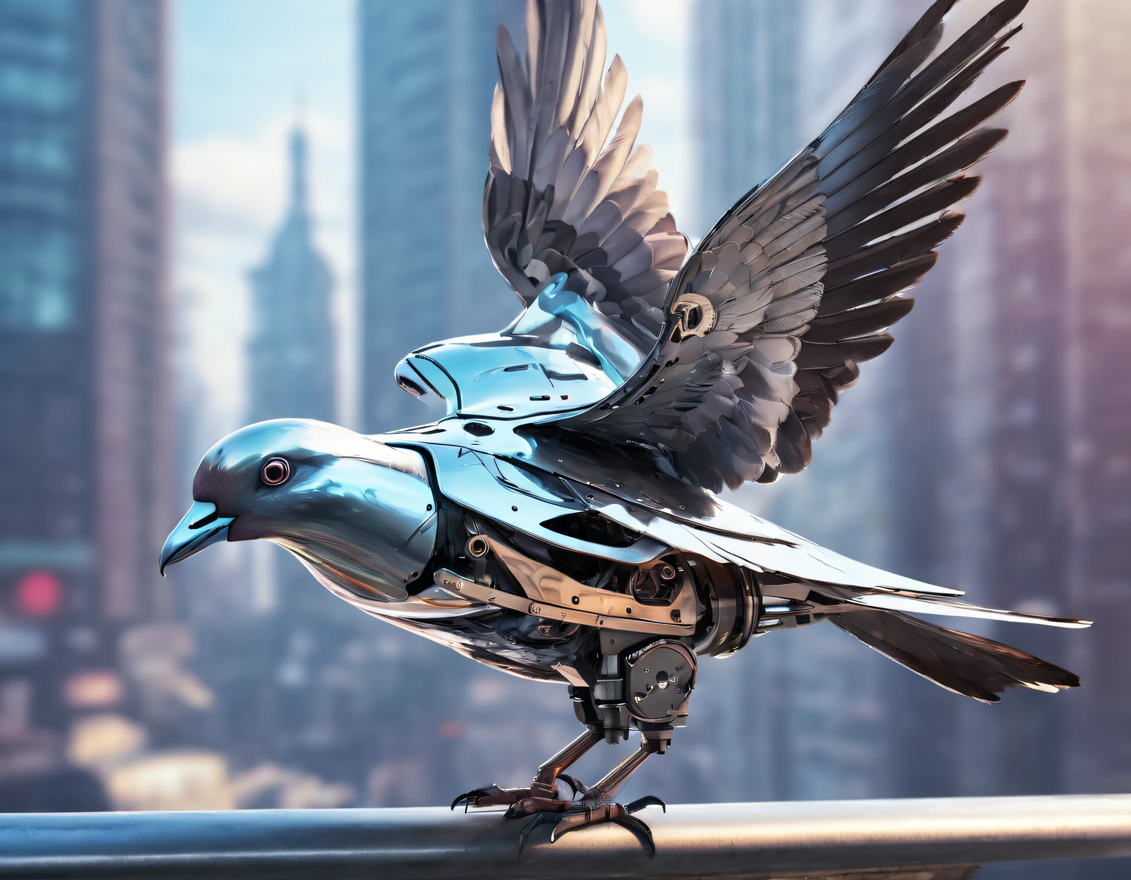 Flying metal mechanical pigeons,Futuristic metal pigeons,Mechanical pigeons,Pigeons are made entirely of small metal parts,Detailed mechanical wing,Metal feathers,Precise and complex design,Ultra-fine texture,Shiny steel body,futuristic urban background,Beautiful sci-fi art, Science-fi digital art illustration, Digital cyberpunk art, science fiction digital painting, futuristic digital painting, futuristic concept art, in front of a sci fi cityscape, science fiction digital art, Advanced digital cyberpunk art, Fantastic cyberpunk pigeons