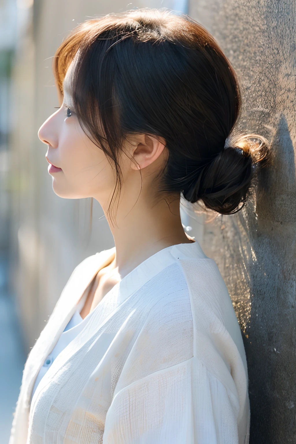 Female in her 40s、Wear clean Japanese clothes、Hair is up、Beautiful nape、shot from a lower angle