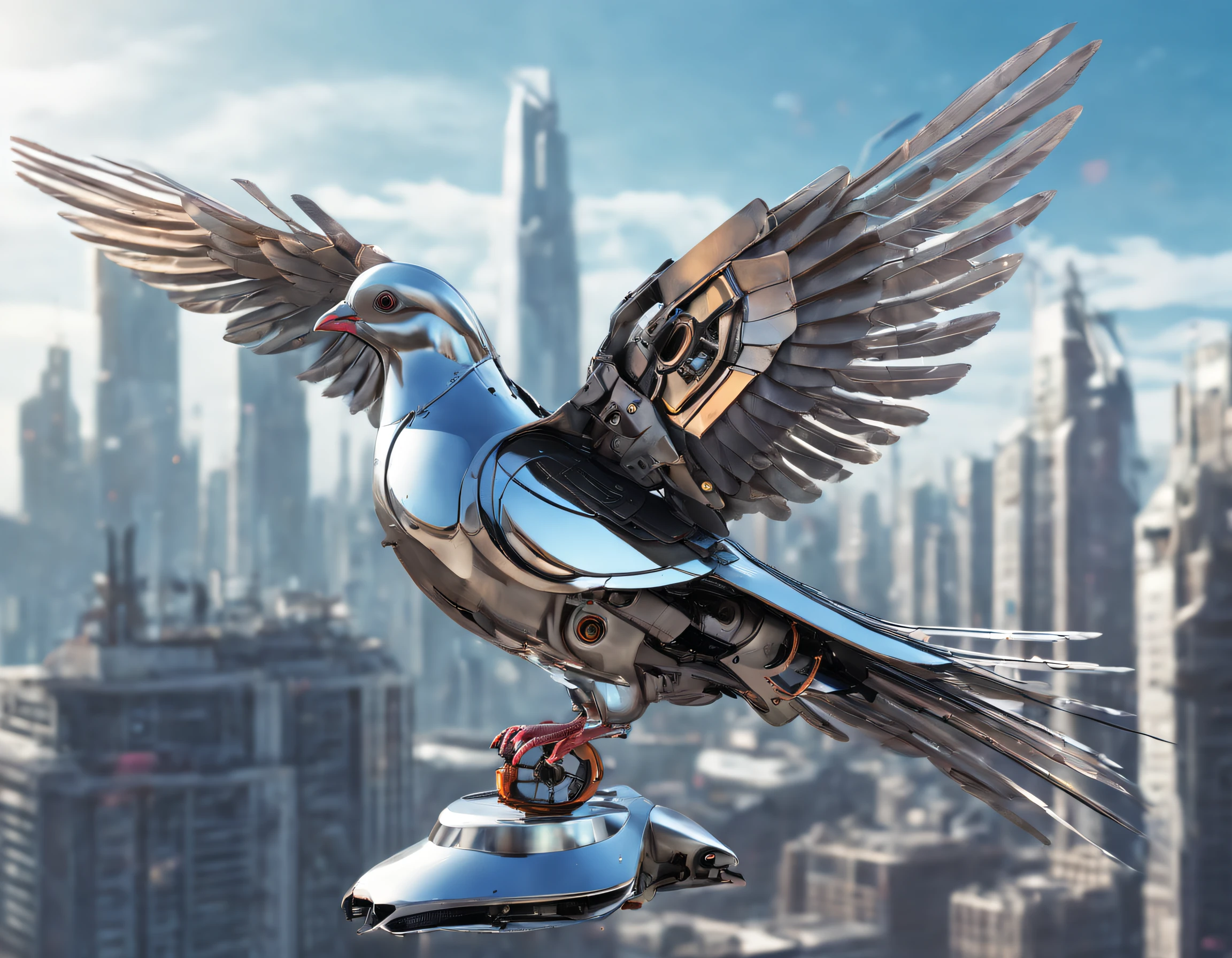 Flying metal mechanical pigeons,Futuristic metal pigeons,Mechanical pigeons,Pigeons are made entirely of small metal parts,Detailed mechanical wing,Metal feathers,Precise and complex design,Ultra-fine texture,Shiny steel body,futuristic urban background,Beautiful sci-fi art, Science-fi digital art illustration, Digital cyberpunk art, science fiction digital painting, futuristic digital painting, futuristic concept art, in front of a sci fi cityscape, science fiction digital art, Advanced digital cyberpunk art, Fantastic cyberpunk pigeons