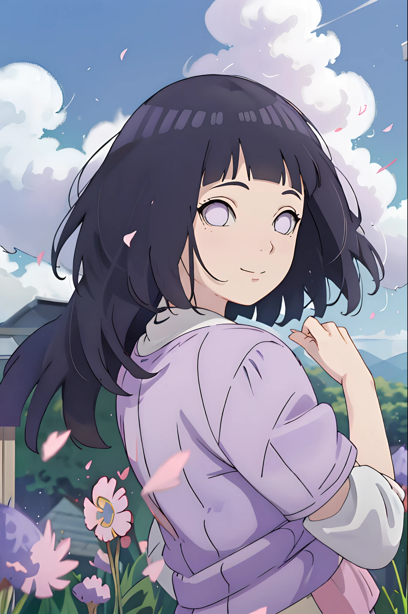 hyouka\（Boruto\）， 1girll， 独奏， Purple underwear ， Look at the white eyeball from behind， Close-up shot， looking at viewert， ssmile， exteriors， Lavender flower field， florals， daysies， mostly cloudy sky， ventania， Floating hair， Falling petals