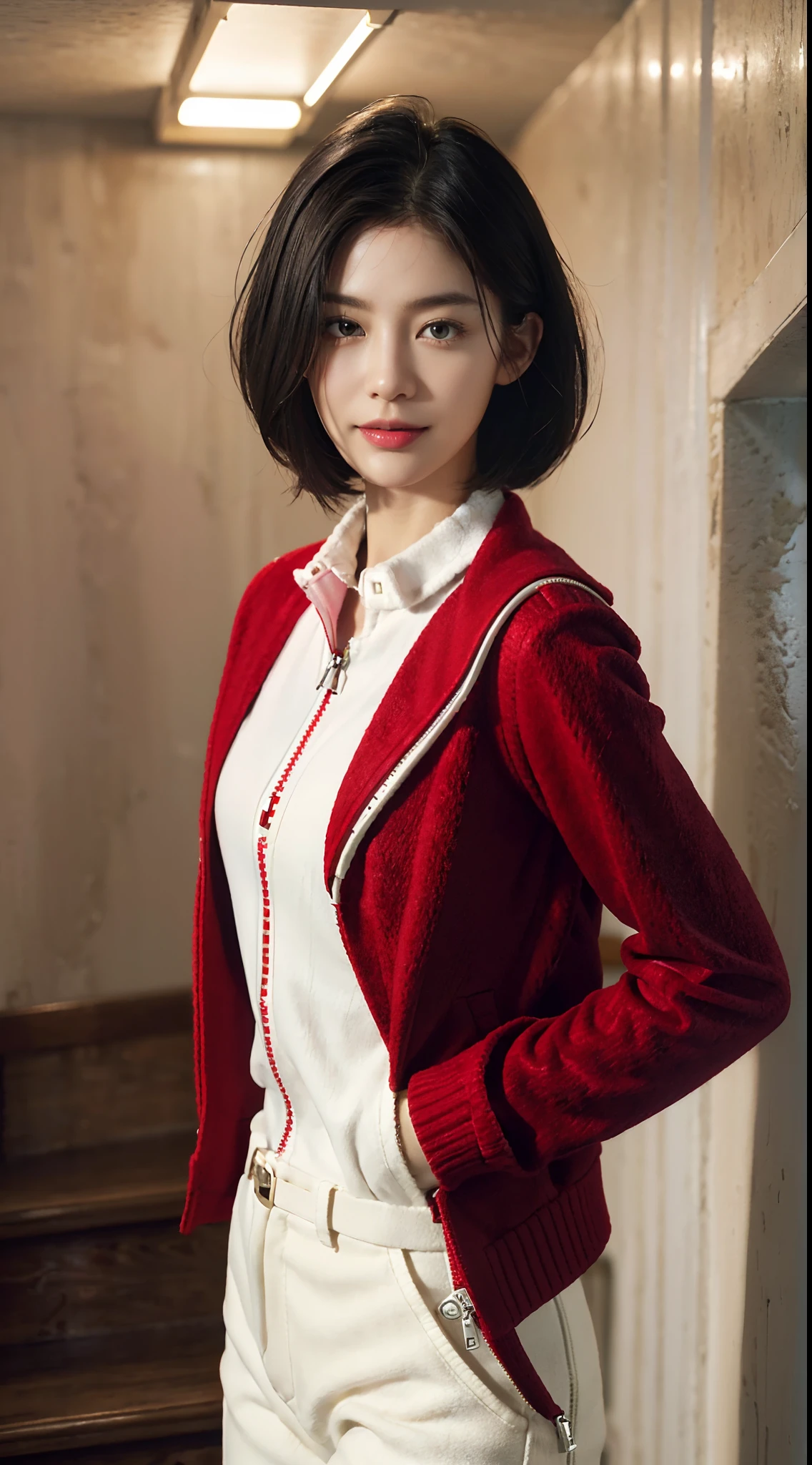 (shoulder length straight short hair: 1.1),(black hair:1.3),(Extremely meticulous CG 8k wallpaper），（Extremely refined and beautiful），（Masterpiece），（best qualtiy：1.0），（Ultra High Resolution：1.0），beautiful light up，Perfect lightning，realistic shaded，[A high resolution],(Smooth and flawless fair skin:1.5),Extremely exquisite facial details,(perfect body：1.1），ultra - detailed,(A  beautiful girl:1.5)，small head,(Small breasts:1.1)，Flat chests，slim，thin，Smile，cheerfulness,(red collared zipped-up woolen jacket:1.5),(white shirt:1.3),(red woolen pants:1.4),Slender legs,standing,(In the stairwell of the residential building:1.5), bright lights,Portrait photo,close shot,cowboy shot,upper body,from front
