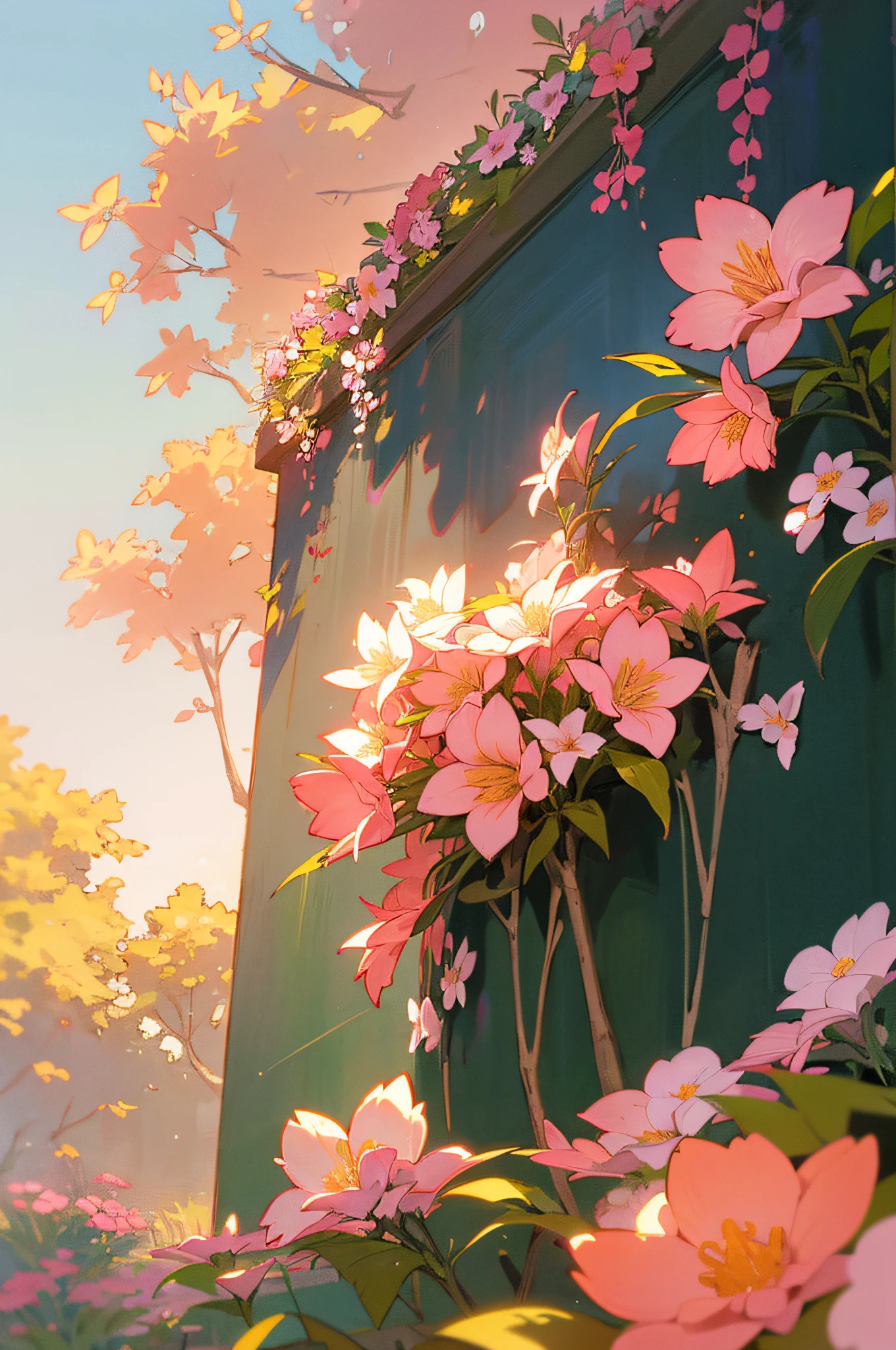 On a beautiful morning,The sky is full of morning glow, A teacher with a back holds chalk and writes on a blackboard. The blackboard is filled with colorful chalk words. The scene is illuminated by the warm glow of the rising sun, Charming background in orange and pink tones.Light,In a beautiful garden,A variety of flowers and plants are in bloom.,The garden is soft and vibrant in colours.,The garden has manicured hedges and neatly arranged flower beds. The whole scene is full of serenity and artistry, Image quality to the highest standard, With excellent detail and clarity. The lighting in the scene is perfectly balanced, Emphasis on teachers and blackboards, It also highlights the natural beauty of the flowers and the warm glow of the sun. This masterpiece blends traditional illustration techniques with modern digital rendering, Produce a unique and captivating artistic style. The colors in the image are vivid and vivid, The overall lighting creates a soft and diffuse atmosphere,。