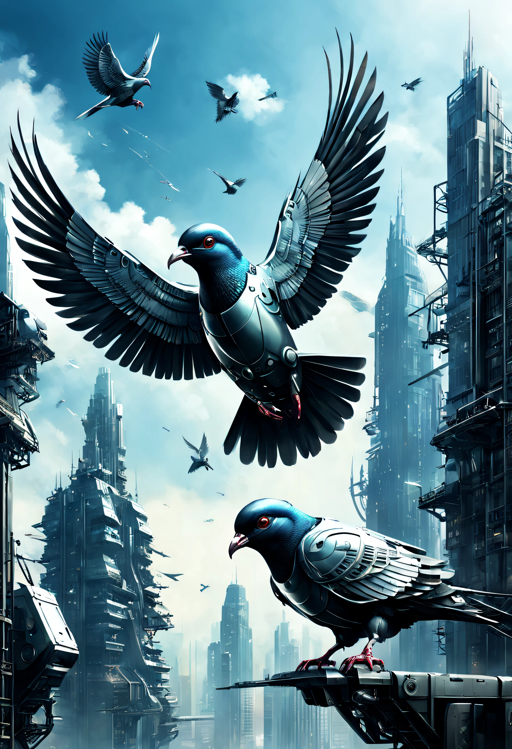 Flying metal mechanical pigeons,Futuristic metal pigeons,Mechanical pigeons,Pigeons are made entirely of small metal parts,Detailed mechanical wing,Metal feathers,Precise and complex design,Ultra-fine texture,Shiny steel body,futuristic urban background,Beautiful sci-fi art, Science-fi digital art illustration, Digital cyberpunk art, science fiction digital painting, futuristic digital painting, futuristic concept art, in front of a sci fi cityscape, science fiction digital art, Advanced digital cyberpunk art, Fantastic cyberpunk pigeons