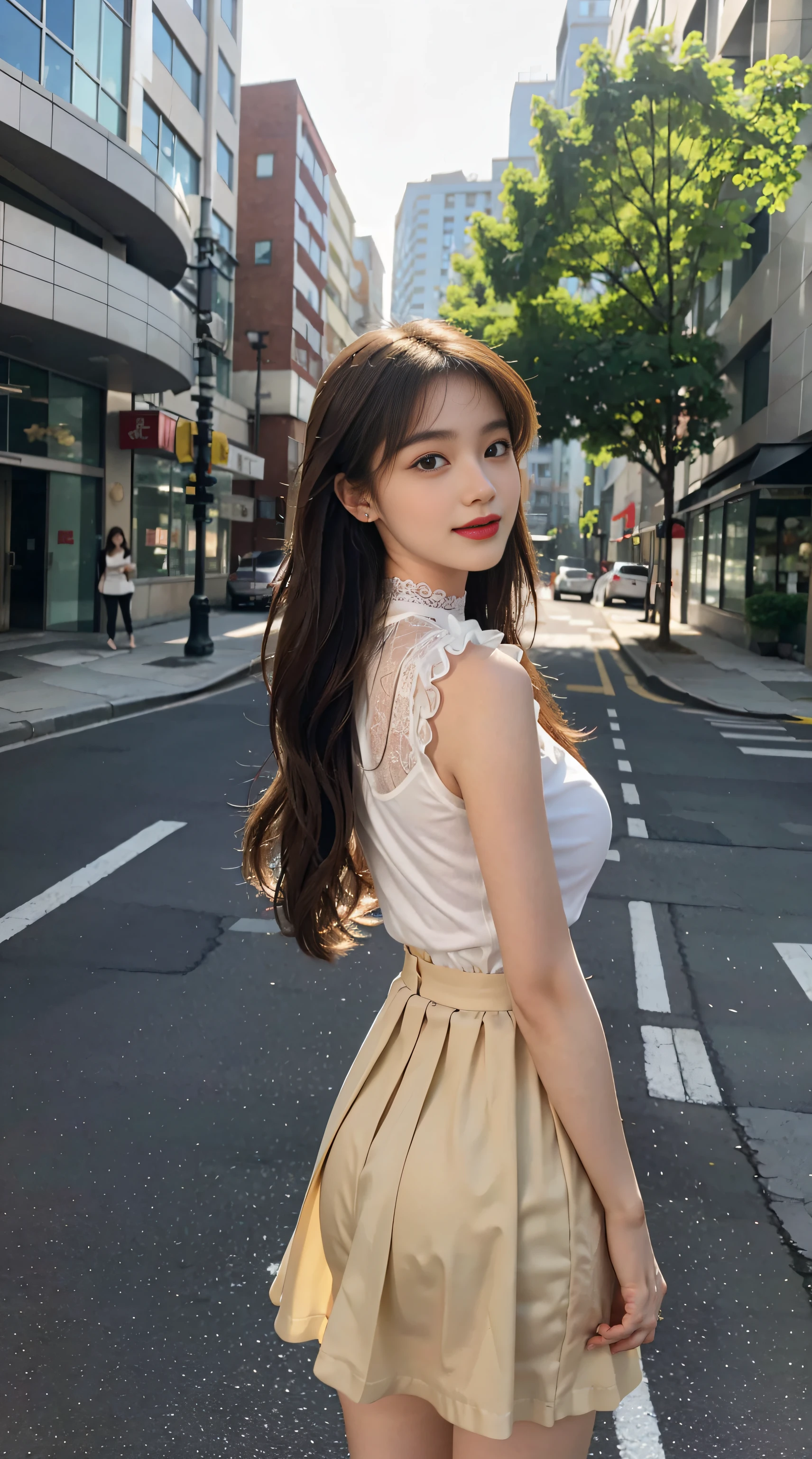 model shoot style，（The is very detailed的 CG unified 8k 壁纸），1个Giant Breast Girl，slender girl，ssmile，Best quality at best，（tmasterpiece：1.1），Watch by others，Brown hair long，Yellow sheer skinny panels tulle lace-wrapped T-shirt，Hosiery，White background wall，white backgrounid，A girl with long hair，Long brown wavy hair，a beauti，On the street by the Yan River，Wearing a pleated skirt，中景 the scene is，natta，There are moons，lipsticks，ssmile，Beautiful figure，slenderness，in a panoramic view，high definition detail，choker necklace，eardrop，Hide your hands behind your back