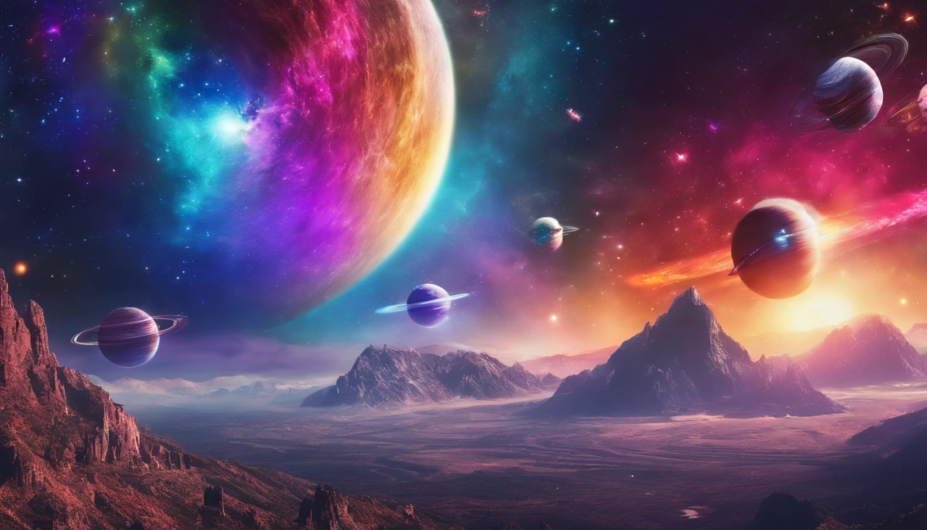 Paisagem fantastica em um planeta estrangeiro, a bright rainbow and planets with rings in the sky