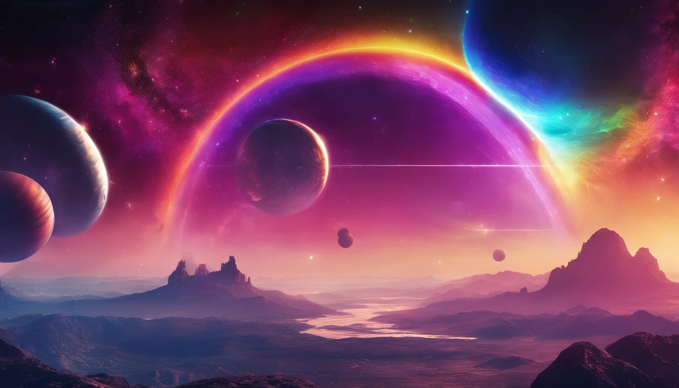 Paisagem fantastica em um planeta estrangeiro, a bright rainbow and planets with rings in the sky