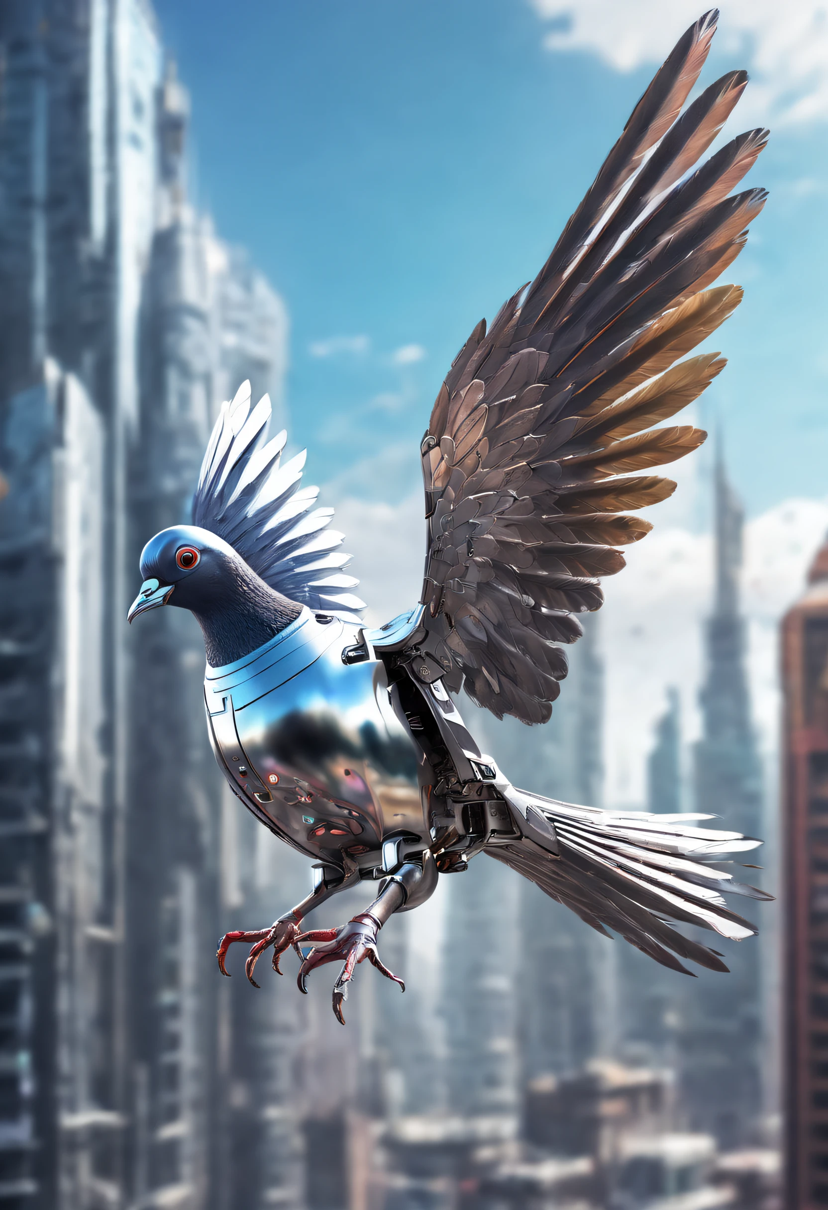 Flying metal mechanical pigeons,Futuristic metal pigeons,Mechanical pigeons,Pigeons are made entirely of small metal parts,Detailed mechanical wing,Metal feathers,Precise and complex design,Ultra-fine texture,Shiny steel body,futuristic urban background,Beautiful sci-fi art, Science-fi digital art illustration, Digital cyberpunk art, science fiction digital painting, futuristic digital painting, futuristic concept art, in front of a sci fi cityscape, science fiction digital art, Advanced digital cyberpunk art, Fantastic cyberpunk pigeons
