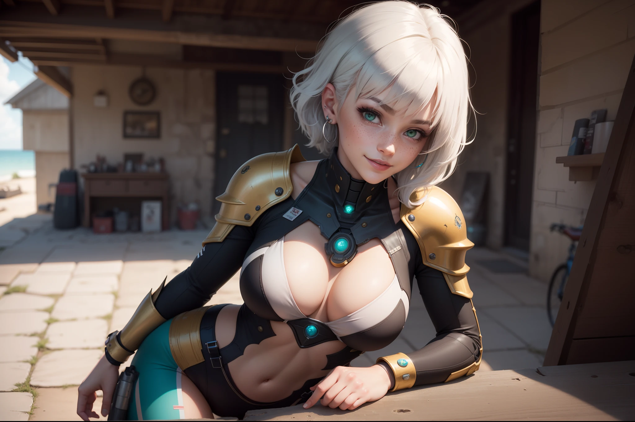 gwen tennyson,y'shtola rhul,yorha 2b, 1girl,atelier ryza,overwatch,close up, mecha pilot,ocean view,tattoos,orange and silver plugsuit,white short sleeve lycra top,steel cargo pants,uncovered belly,short saiyan hair,cute makeup,green eyes,dimensional golden hair,shy smile,freckles,beautiful girl,large breasts,8k,ultra detailed,realistic,fantasy art,saiyan armor,cyborg armor,steel armor,harbor shore,military uniform,ear piercings,hair pin,super saiyan girl,saiyan female,portrait,