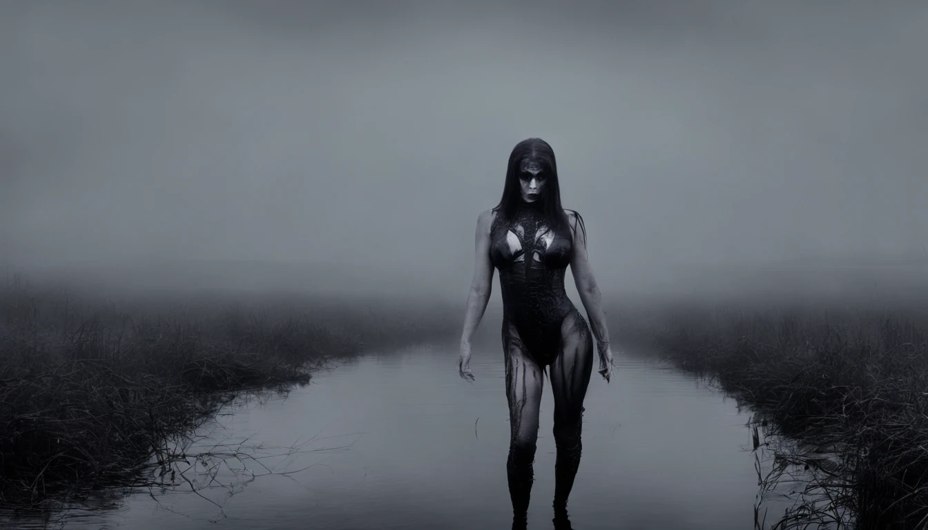 demon woman in latex leotard posing for a photo in a river, demonic woman, half body in the water, foggy marsh background, latex lingerie, dark, creepy, ultra detailed, masterpiece.
