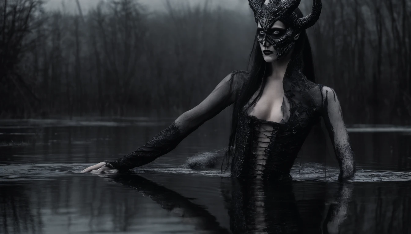 demon woman in latex leotard posing for a photo in a river, demonic woman, half body in the water, foggy marsh background, latex lingerie, dark, creepy, ultra detailed, masterpiece.