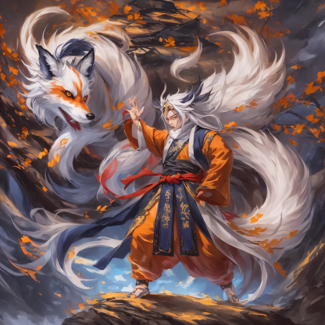 Nine-tailed fox 32K，Phoenix Immortal Demon Realm, Chance encounter with Liu Hanshu, He saw in him his former self, It was decided to take him as an apprentice, Teach him how to protect himself, But because of the Tibetan star map, Phoenix and the Liu family、The Jade Sword Sect establishes relationships, It opens with the death of Liu Hanshu, Qin Yu embarked on the road of confrontation with a strong enemy, Working hard, Make yourself stronger, Stick to your own core path of justice, （nine tail fox）eyes filled with angry，The nine-tailed fox clenched its fists，Rush up，Deliver a fatal blow to your opponent，full bodyesbian，Full body nine-tailed fox male mage 32K（Masterpiece Canyon Ultra HD）fenghuang（canyons）Climb the streets， The scene of the explosion（nine tail fox）， （Dragons）， The angry fighting stance of the nine-tailed fox， looking at the ground， Batik linen bandana， Chinese red and white pattern long sleeve garment， Canyon nine-tailed fox（Abstract propylene splash：1.2）， Dark clouds lightning background，Flour flies（realisticlying：1.4），Black color hair，Flour fluttering，rainbow background， A high resolution， the detail， RAW photogr， Sharp Re， Nikon D850 Film Stock Photo by Jefferies Lee 4 Kodak Portra 400 Camera F1.6 shots, Rich colors, ultra-realistic vivid textures, Dramatic lighting, Unreal Engine Art Station Trend, cinestir 800，Flowing black hair,（（（Jungle Canyon）））The wounded lined up in the streets（vale）Climb the streets，Movie master real-time image quality（tmasterpiece，k hd，hyper HD，32K）Dragons， （Linen batik scarf）， Combat posture， looking at the ground， Linen bandana， Chinese nine-tailed fox pattern long-sleeved garment， Morning nine-tailed fox（Abstract gouache splash：1.2）， Dark clouds lightning background，sprinkling