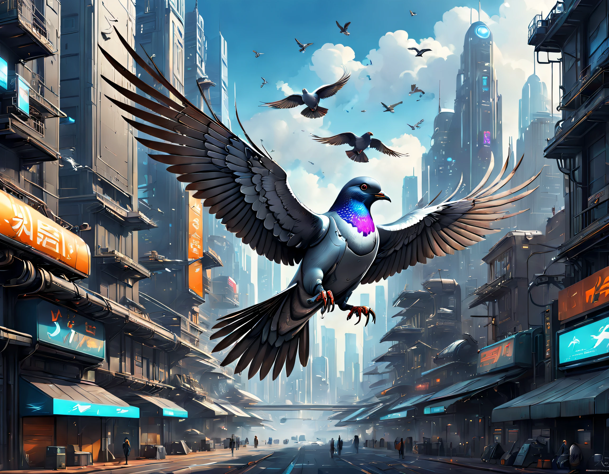 Flying metal mechanical pigeons,Futuristic metal pigeons,Mechanical pigeons,Pigeons are made entirely of small metal parts,Detailed mechanical wing,Metal feathers,Precise and complex design,Ultra-fine texture,Shiny steel body,futuristic urban background,Beautiful sci-fi art, Science-fi digital art illustration, Digital cyberpunk art, science fiction digital painting, futuristic digital painting, futuristic concept art, in front of a sci fi cityscape, science fiction digital art, Advanced digital cyberpunk art, Fantastic cyberpunk pigeons