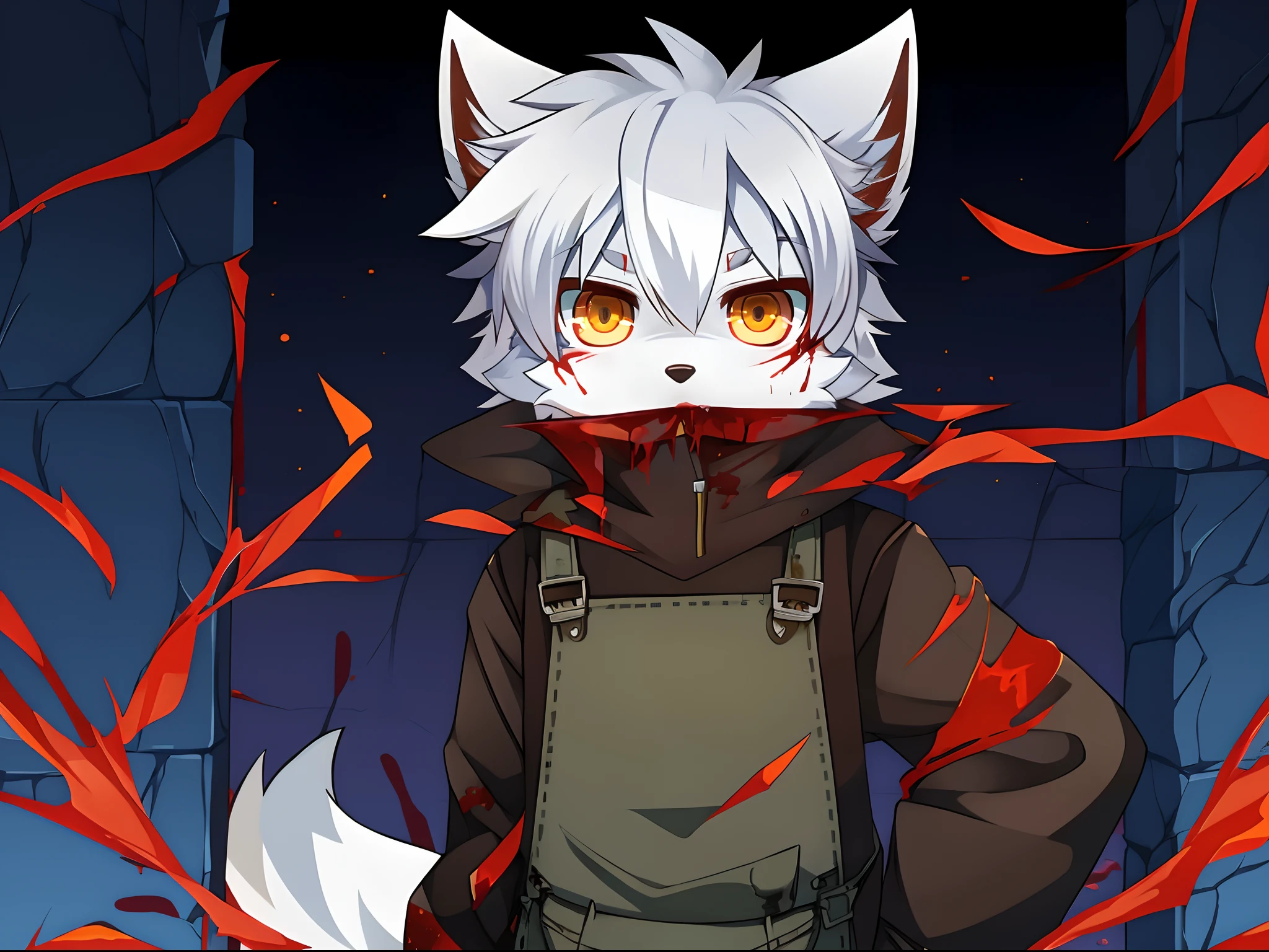 terroral，blood vess，Be covered in blood，The corners of his mouth were stained with blood，solo person，White body，White ears，White hair，White fur，Overall white，Orange-yellow eyes，Wolf tail，Wolf orcs，Wolf paws，Young，Wear a jacket，Ultra-clear screen，Soft lines